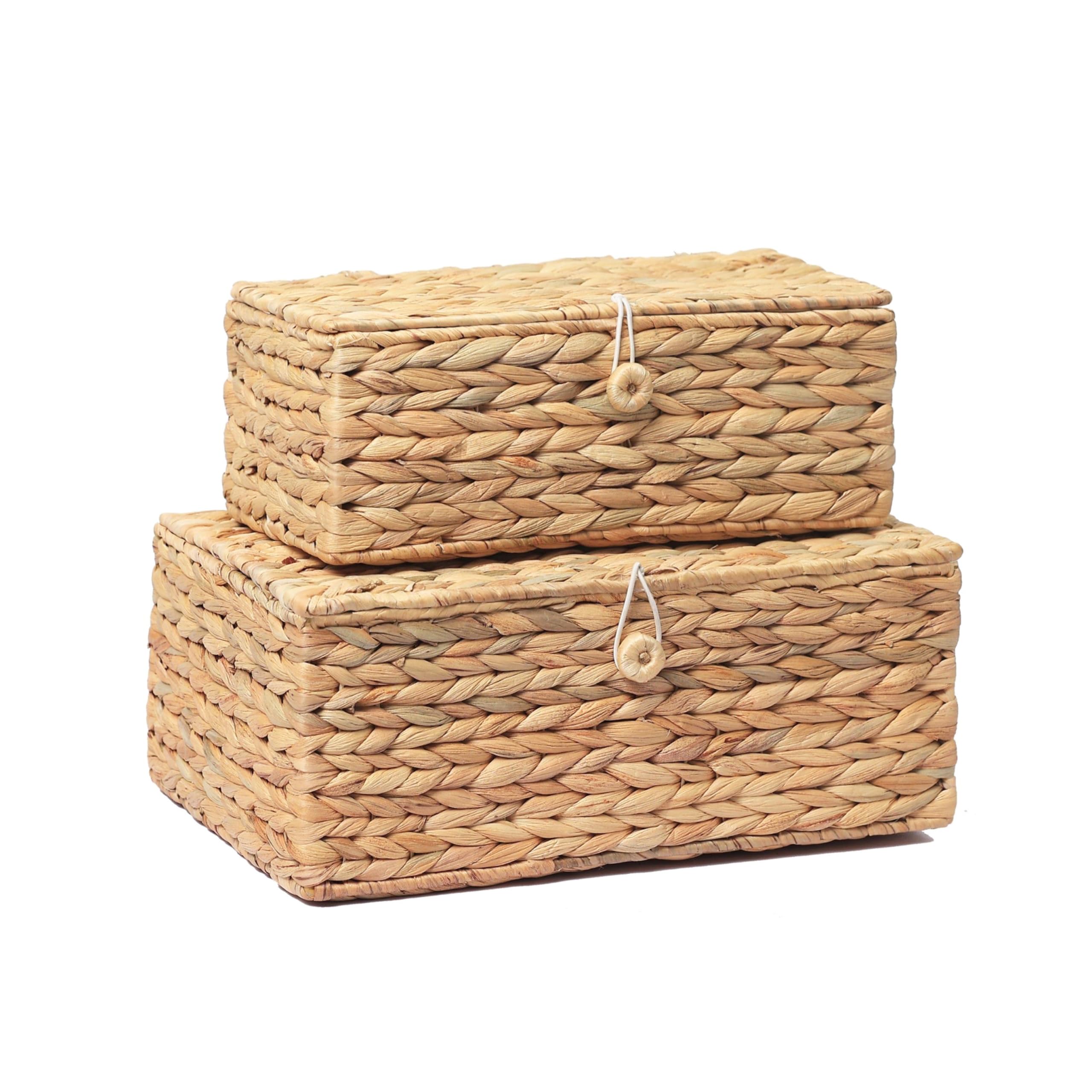 LUSYDECO Set of 2 Rectangular Wicker Storage Bins with Lid, Rattan Basket Decorative Boxes, Multipurpose Organizer Rattan Displa