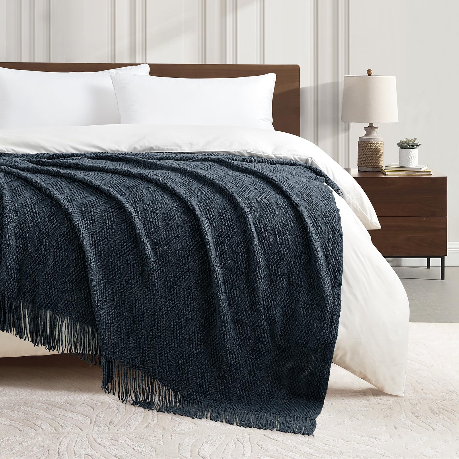 Bourina Throw Blanket Textured Solid Soft Throws And Blankets For Sofa Or Bed Knitted Decorative Blanket Ripple 50X60 Inches Nav