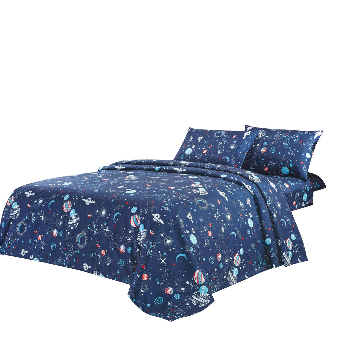 Wpm World Products Mart Kids Collection Bedding 3 Piece Blue Space Ship Rocket Print Twin Size Sheet Set With Flat Fitted Sheets