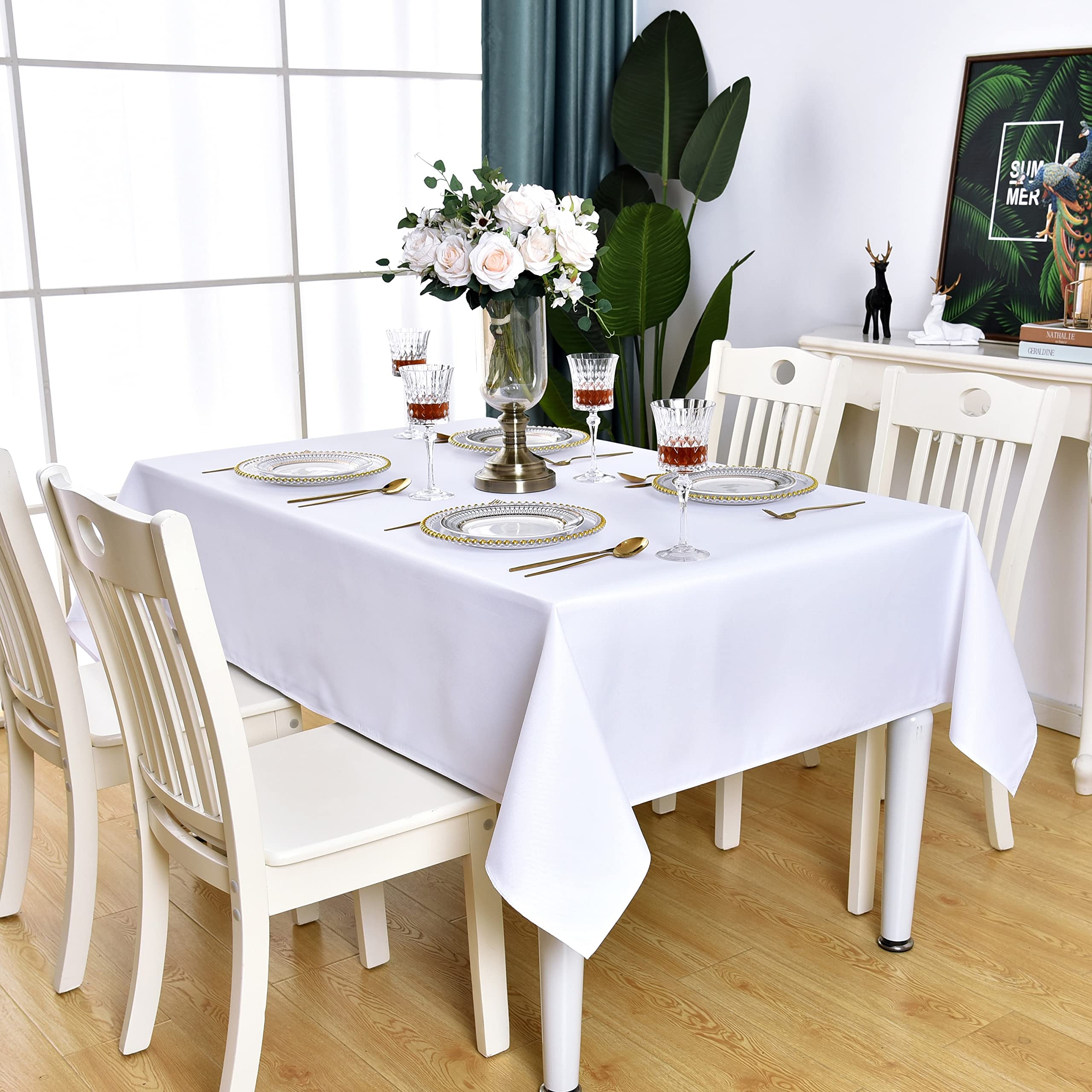 Kaipho White Rectangle Tablecloth Waterproof Stain Resistant Wrinkle Free Table Cloth 210Gsm Polyester Wipeable Table Cover For