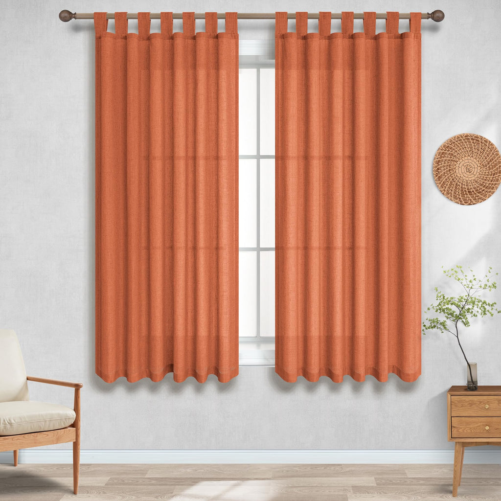 Koufall Fall Kitchen Curtains,Farmhouse Sheer Linen Short Curtains For Bathroom Window,Burnt Orange,45 Inch Length
