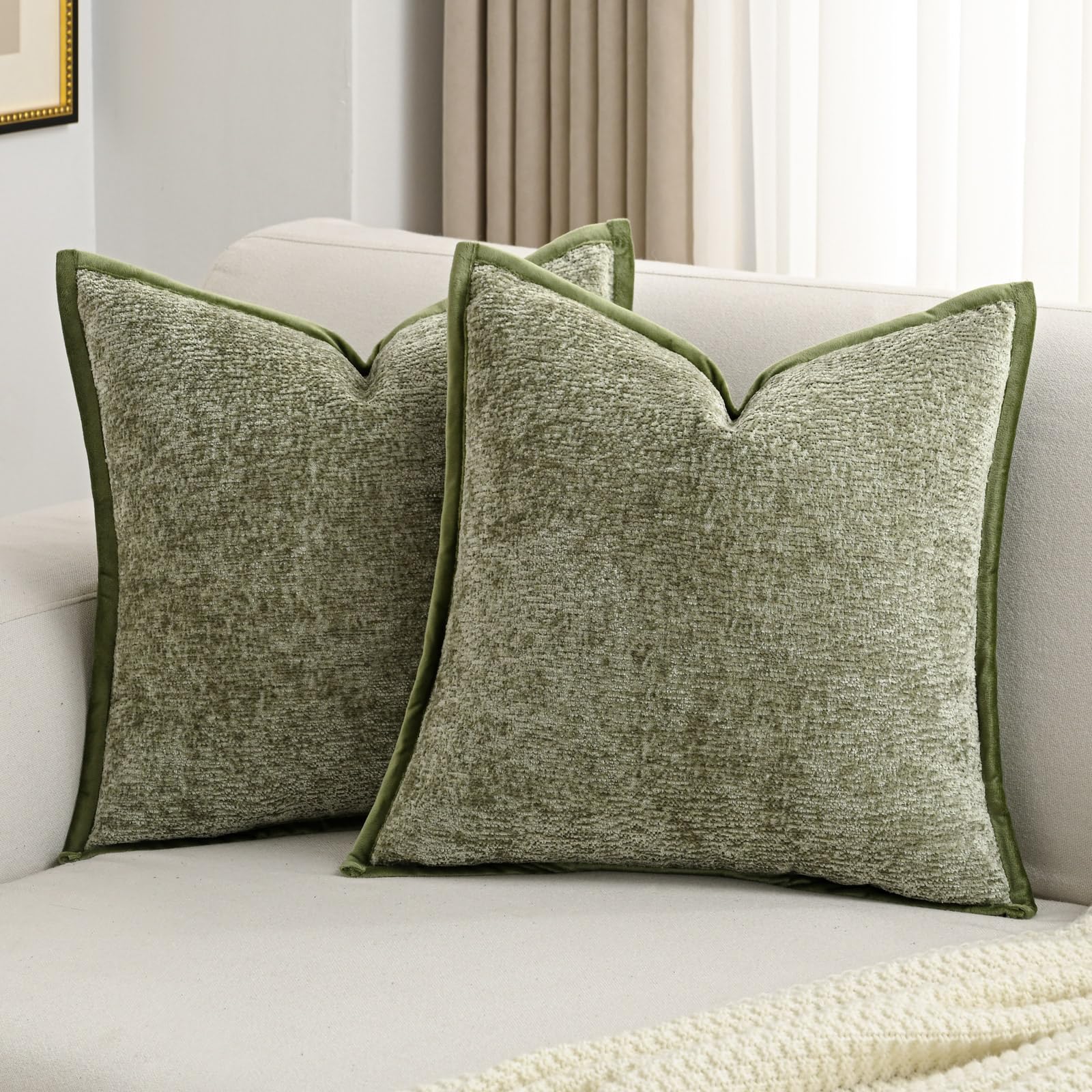 Futei Sage Green Chenille Throw Pillow Covers 26X26 Inch Set Of 2,Soft Velvet Euro Pillow Shams,Home Decor For Couch Bed Living