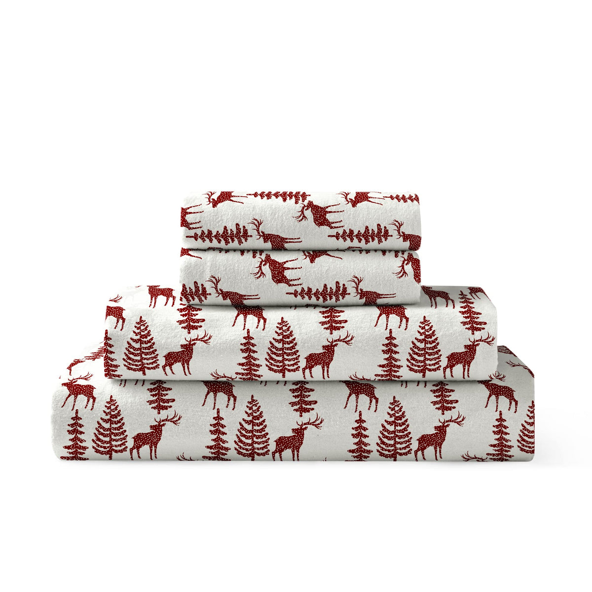 Brielle Home Flannel Sheet Set Cotton Soft Warm & Cozy Modern Chic With Elastic Deep Pockets, Full, Deers Red