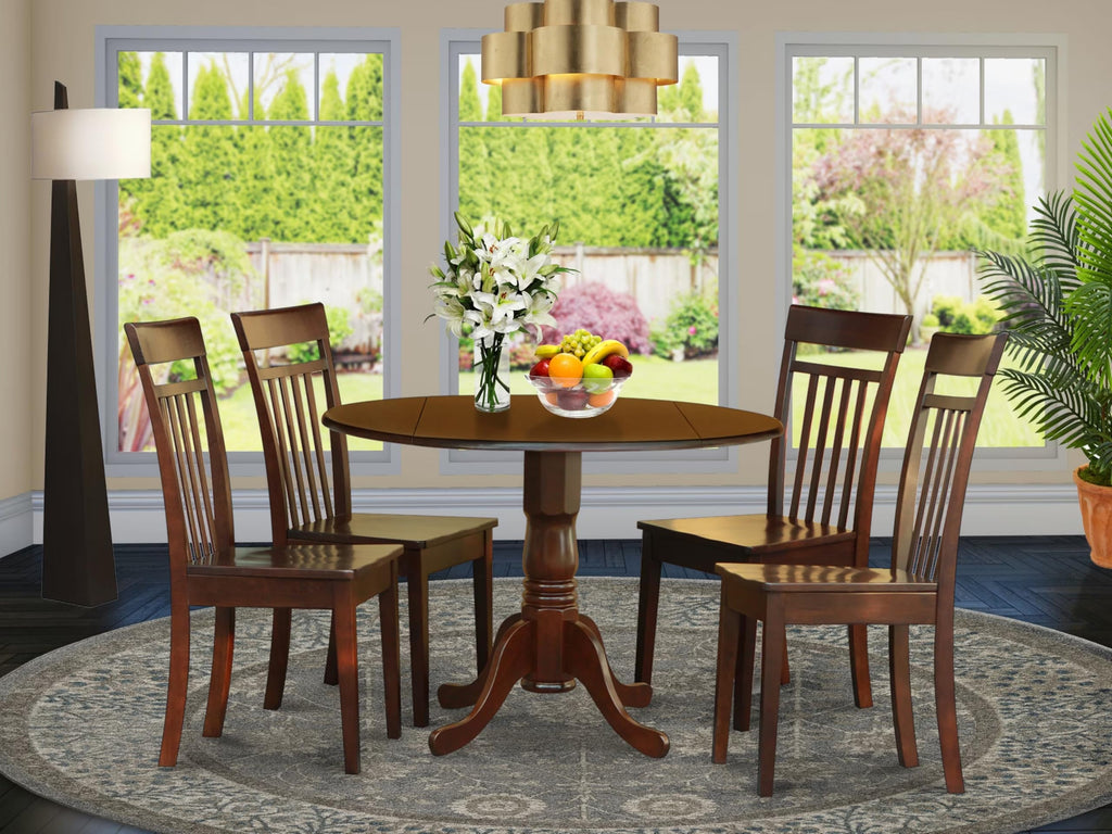 East West Furniture DLCA5-MAH-W 5 Piece Dining Set Includes a Round Dining Room Table with Dropleaf and 4 Wood Seat Chairs, 42x42 Inch, Mahogany