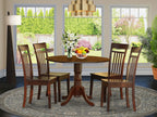 East West Furniture DLCA5-MAH-W 5 Piece Dining Set Includes a Round Dining Room Table with Dropleaf and 4 Wood Seat Chairs, 42x42 Inch, Mahogany