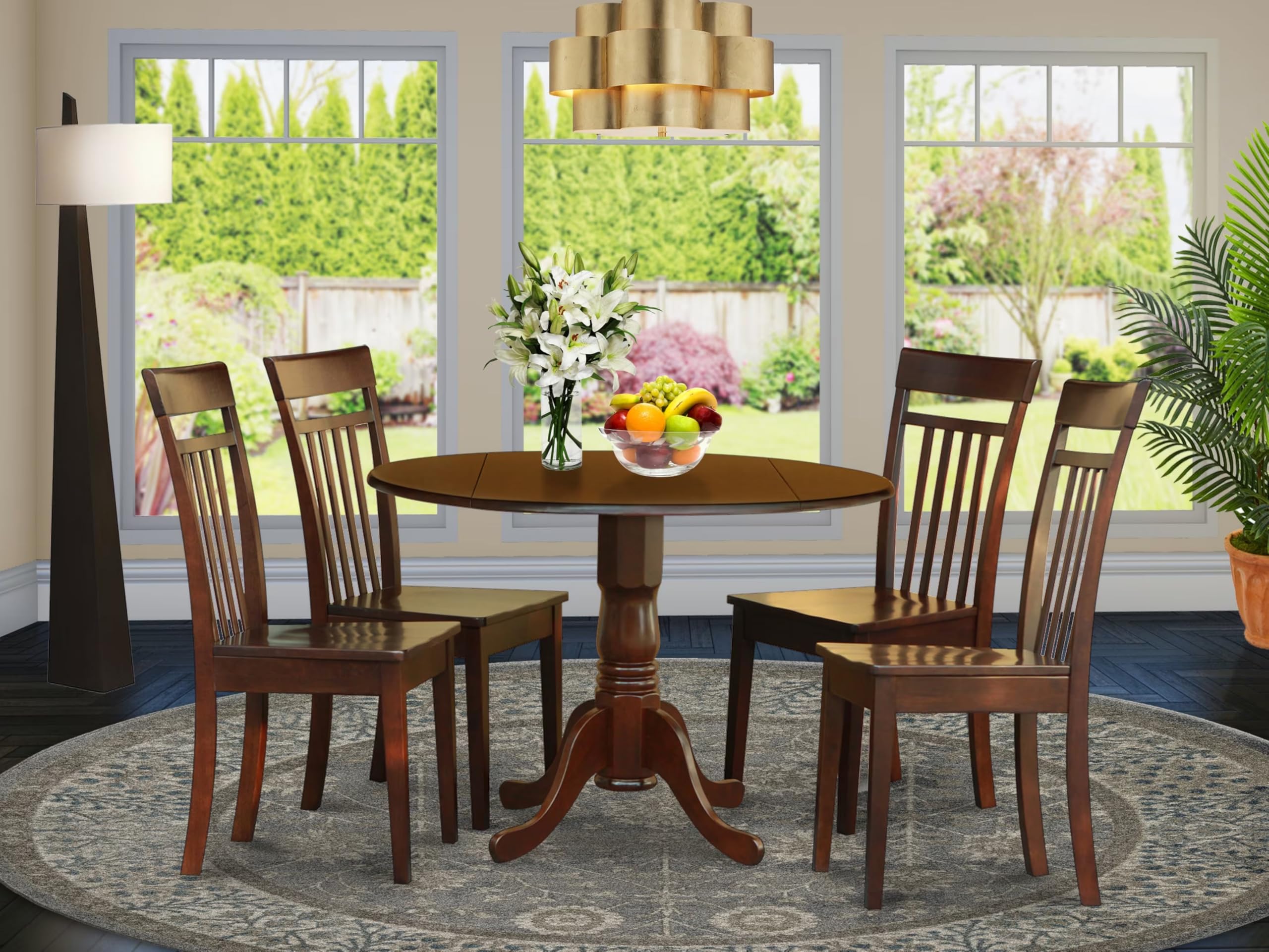 East West Furniture DLCA5-MAH-W 5 Piece Dining Set Includes a Round Dining Room Table with Dropleaf and 4 Wood Seat Chairs, 42x42 Inch, Mahogany