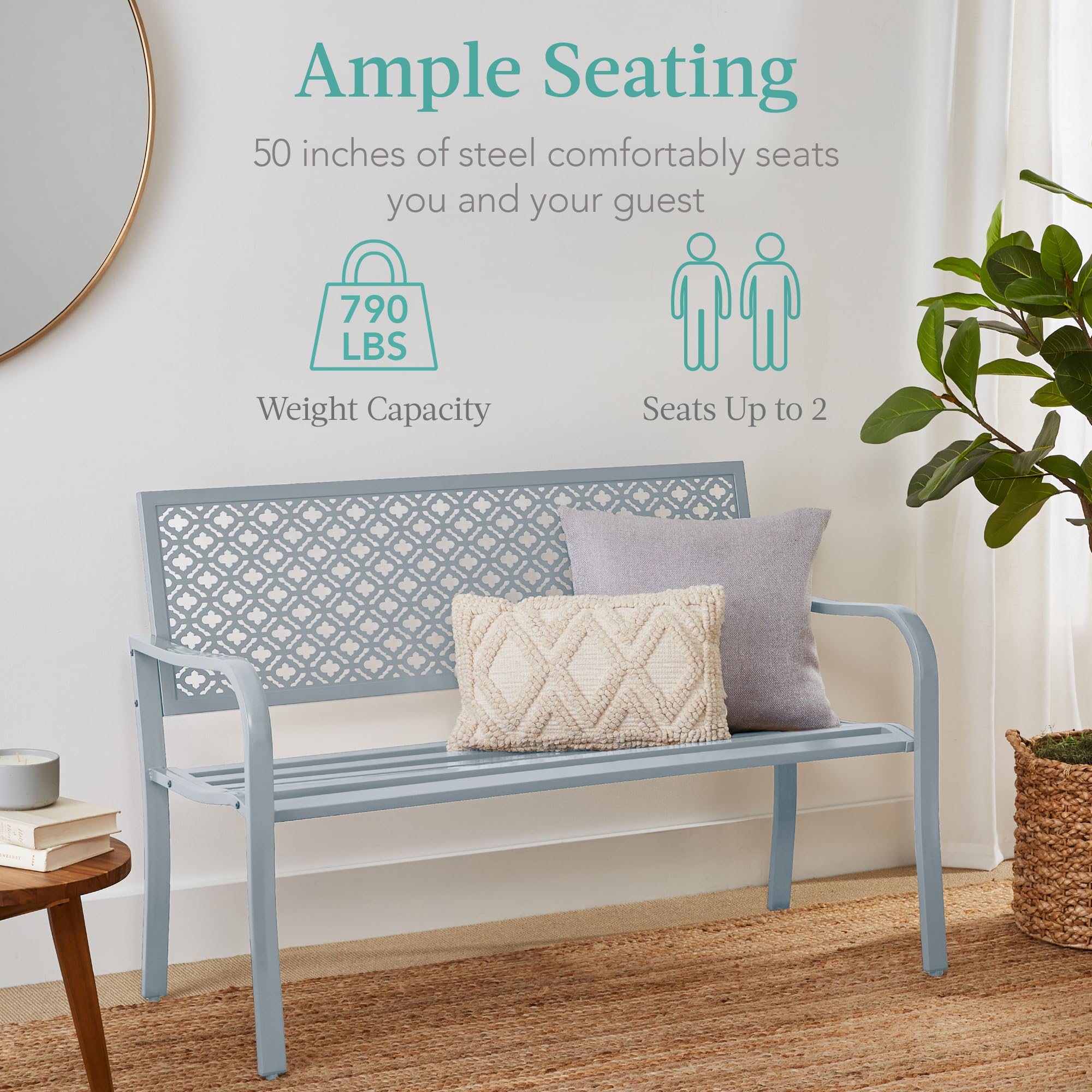 Best Choice Products Outdoor Bench 2-Person Metal Steel Benches Furniture For Garden, Patio, Porch, Entryway W/Geometric Backrest, 790Lb Capacity - Light Gray