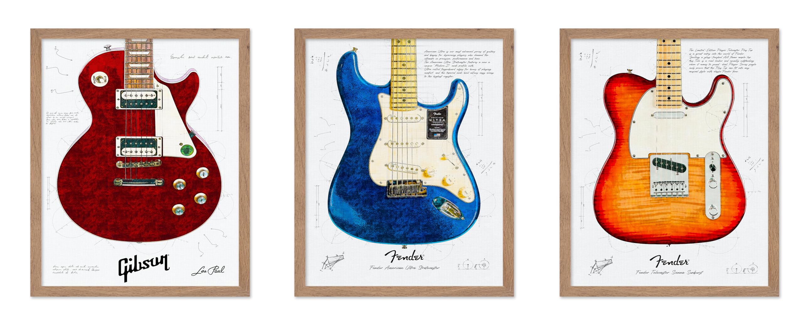 Poster Master 3-Piece Vintage Music Poster - Retro Instrument Print - Gift for Artist, Friend - Electric Guitar, Musician Art - 
