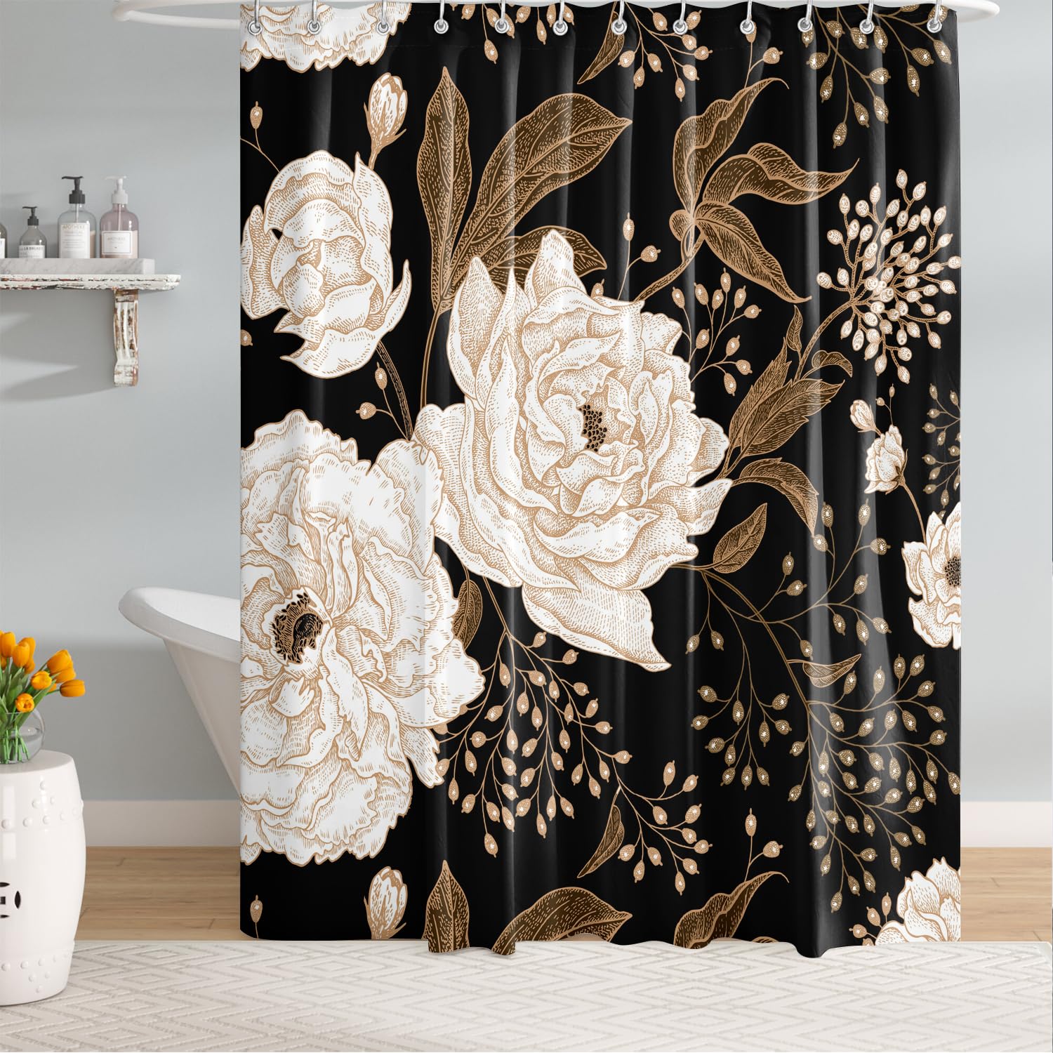 Bivinar Black Gold Floral Shower Curtain, Black Flowers Bathroom Shower Curtain, Fabric Waterproof Shower Curtain With 12 Hooks,