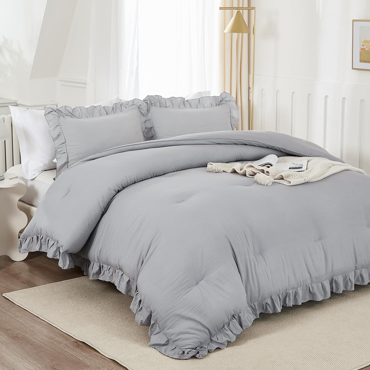 Andency Silver Gray Comforter Set Full Size, 3 Pieces Solid Ruffle Shabby Chic Bedding Comforter Sets, All Season Lightweight Fluffy Soft Microfiber Bedding Set (79X90 Comforter & 2 Pillowcases)