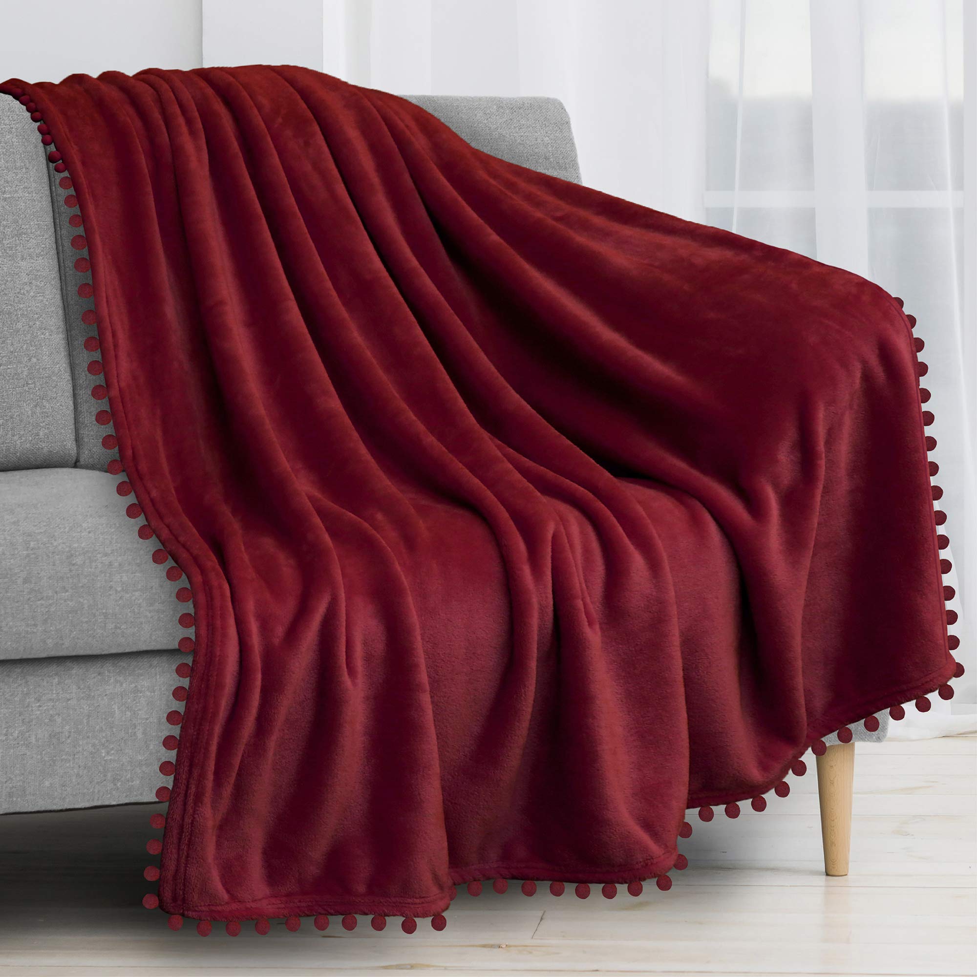 Pavilia Pom Pom Blanket Throw, Wine Dark Red | Soft Fleece Pompom Fringe Blanket For Couch Bed Sofa | Decorative Cozy Plush Warm