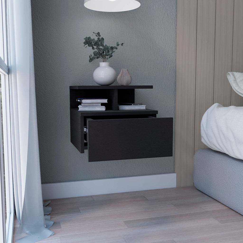 Depot E-Shop Floating Nightstand, Wall Mounted, Single Drawer, 2-Tier Shelf, Black, 12&Quot; H X 14.01&Quot; W X 13.22&Quot; D