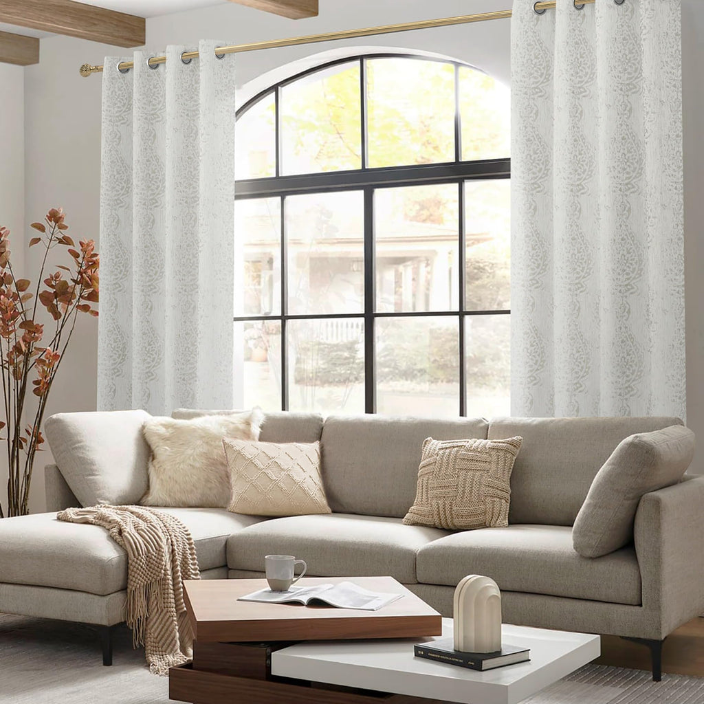 Mrs.Naturall Off White Damask Moroccan Pattern 3D Jacquard Embossed Embroidered Curtains 63 Inches Long For Bedroom Living Room 2 Panels Set Cream