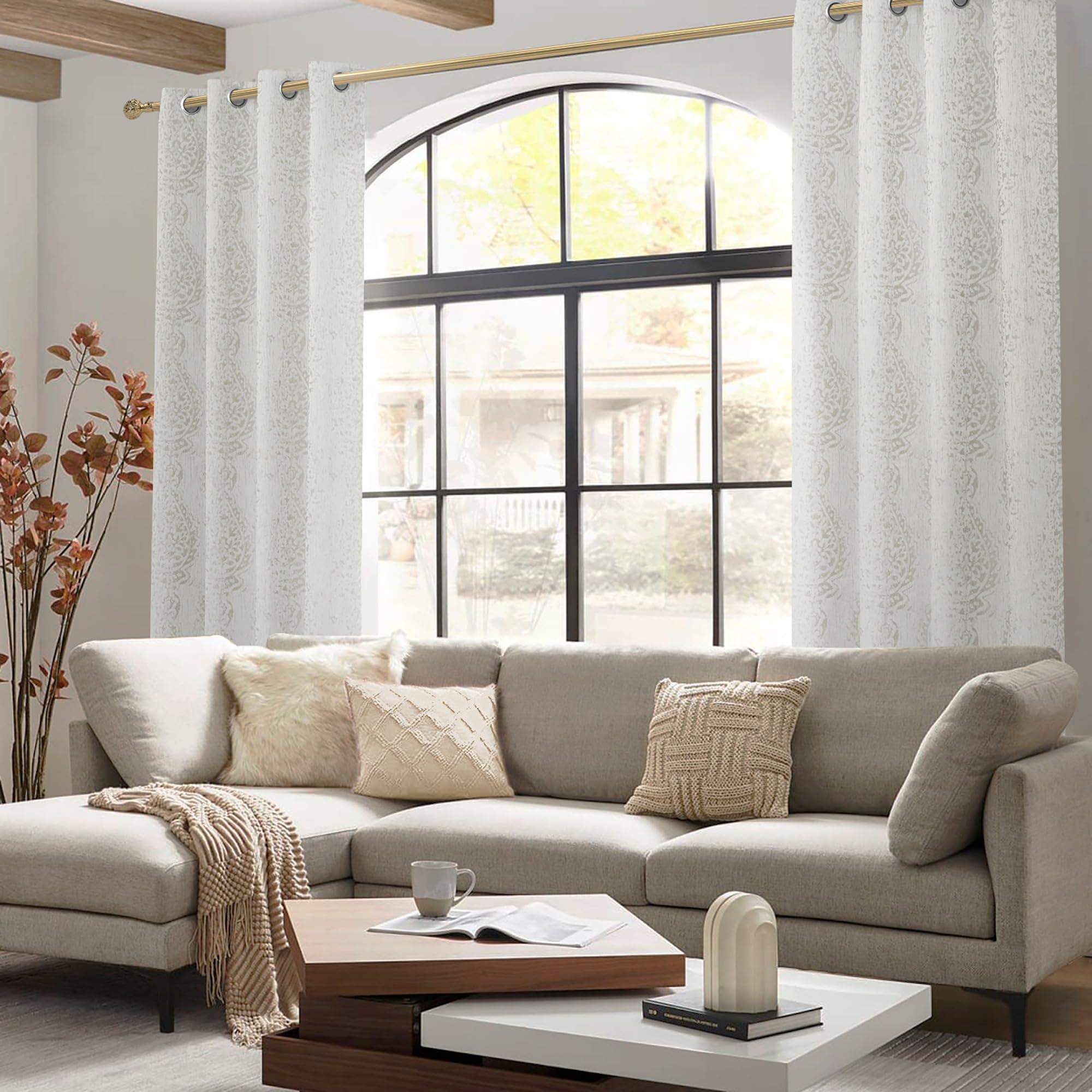 Mrs.Naturall Off White Damask Moroccan Pattern 3D Jacquard Embossed Embroidered Curtains 63 Inches Long For Bedroom Living Room 2 Panels Set Cream