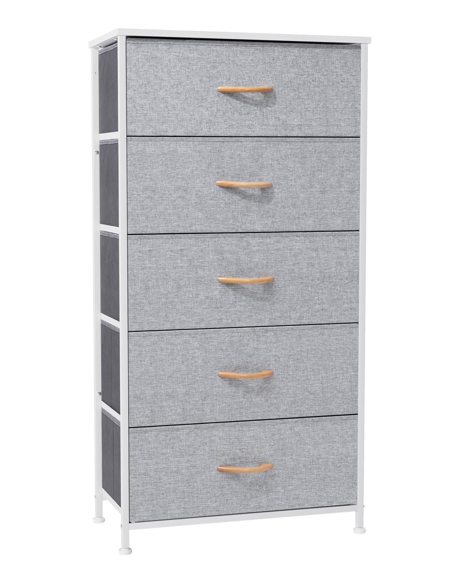Crestlive Products Vertical Dresser Storage Tower - Sturdy Steel Frame, Wood Top, Easy Pull Fabric Bins, Wood Handles - Organizer Unit For Bedroom, Hallway, Entryway, Closets - 5 Drawers (Light Gray)