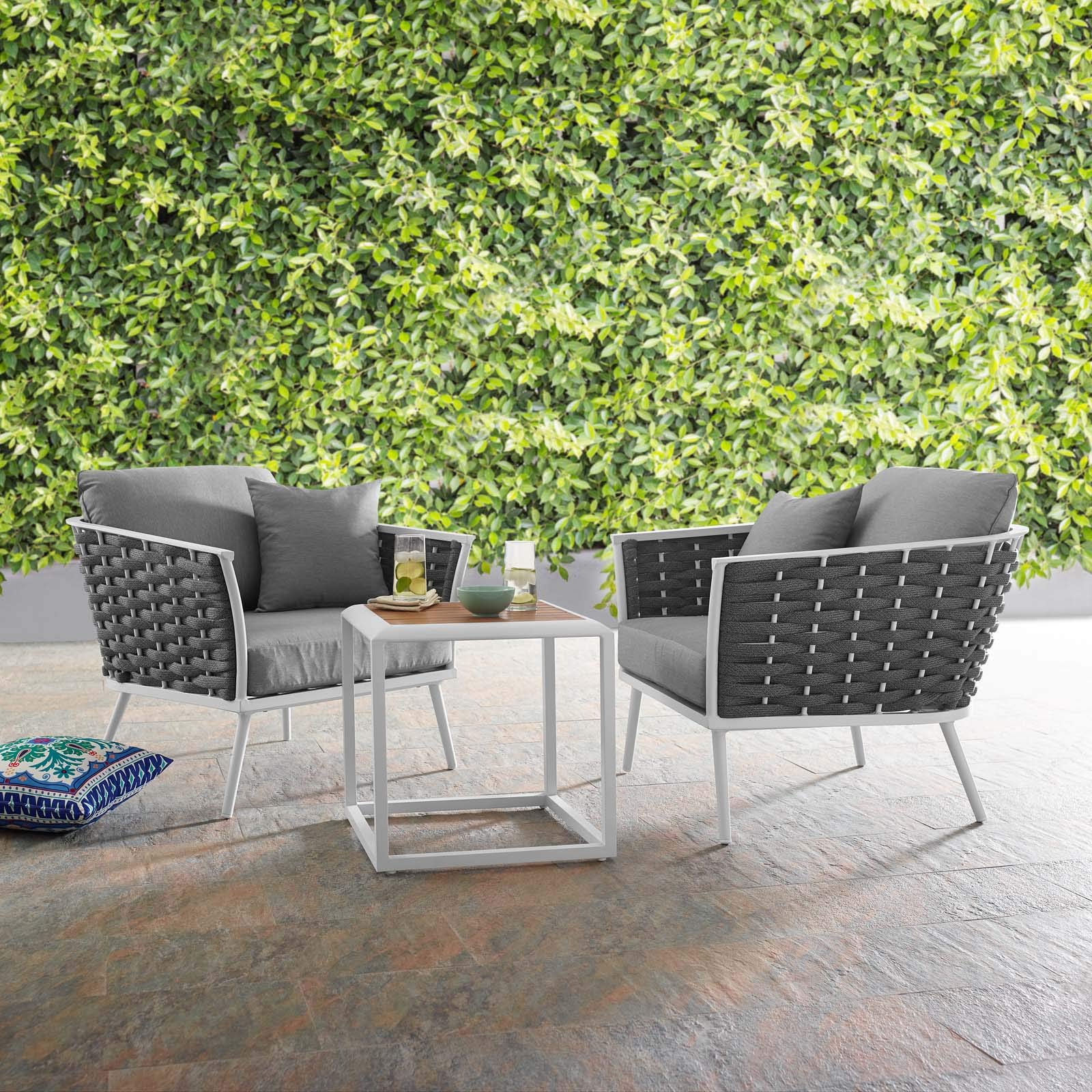 Modway Stance Outdoor Patio Aluminum, Side Table And Two Armchairs, White Gray