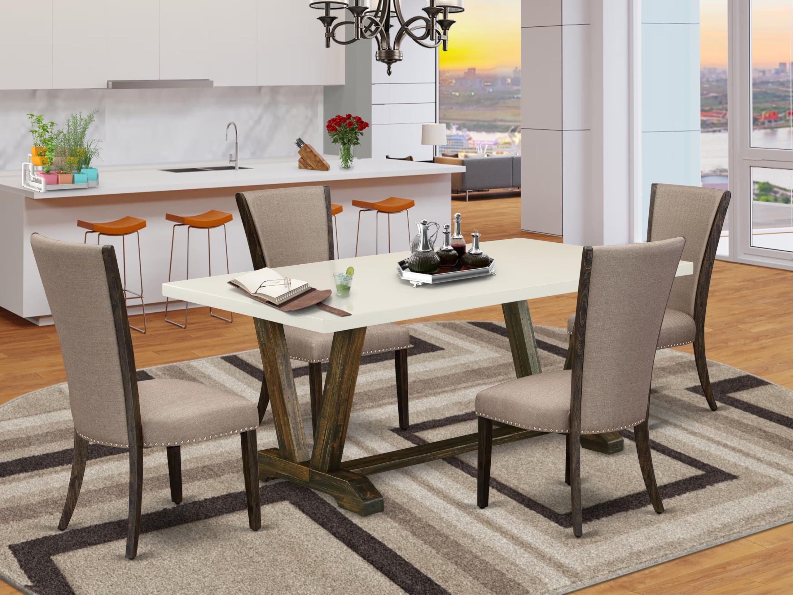 East West Furniture V727Ve703-5 5 Piece Dining Room Table Set Includes A Rectangle Dining Table With V-Legs And 4 Brown Linen Fabric Upholstered Parson Chairs, 40X72 Inch, Multi-Color