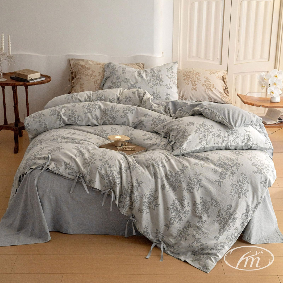VM VOUGEMARKET Flower Duvet Cover Set King Size Grey Linen Cotton Yarn-Dyed Duvet Cover with 2 Pillowcases,Jacquard Textured Mon