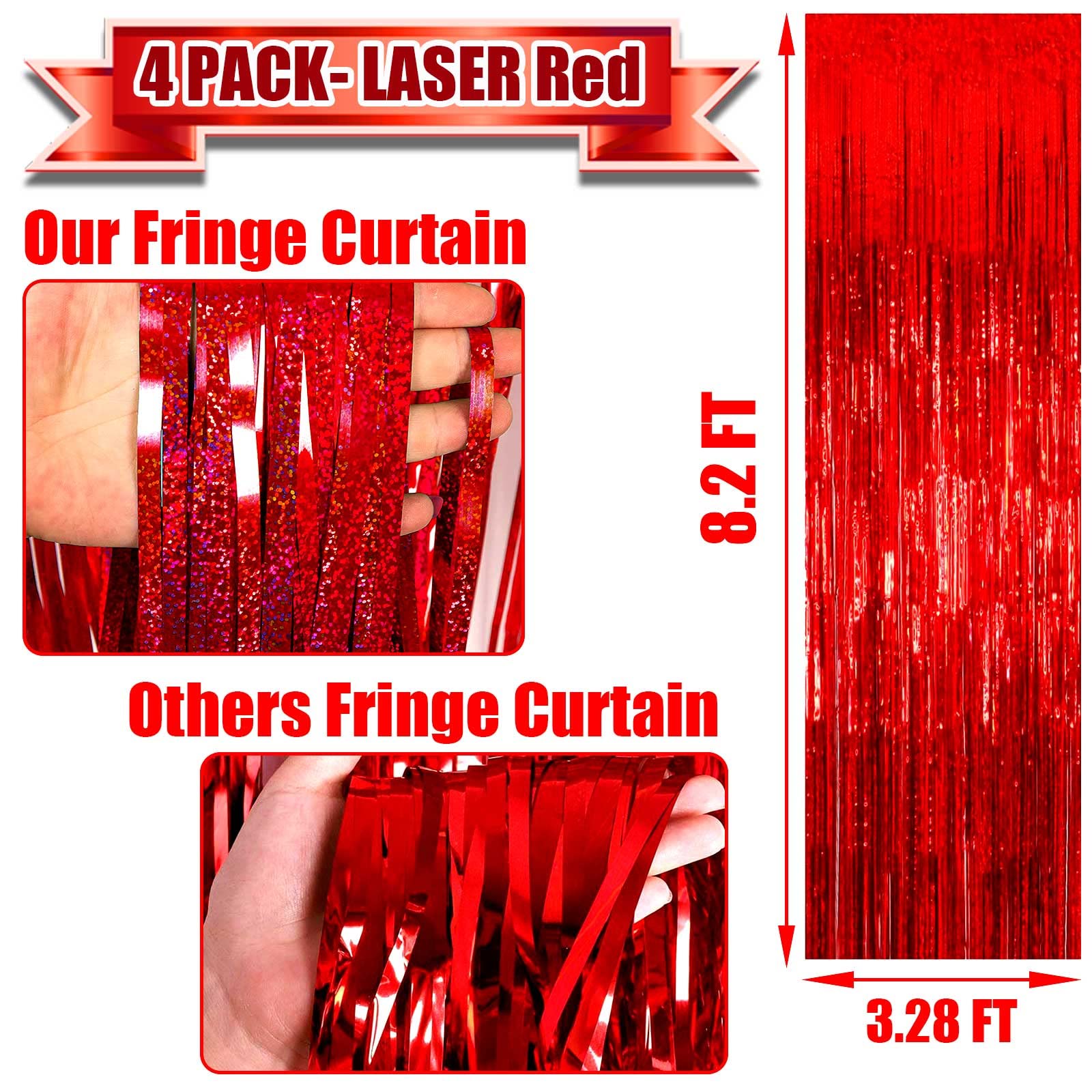 4 Pack Red Tinsel Foil Fringe Curtain Backdrop, 3.28Ft X 8.2Ft Metallic Streamers For Photo Booth Props Wedding Bridal Shower Ba