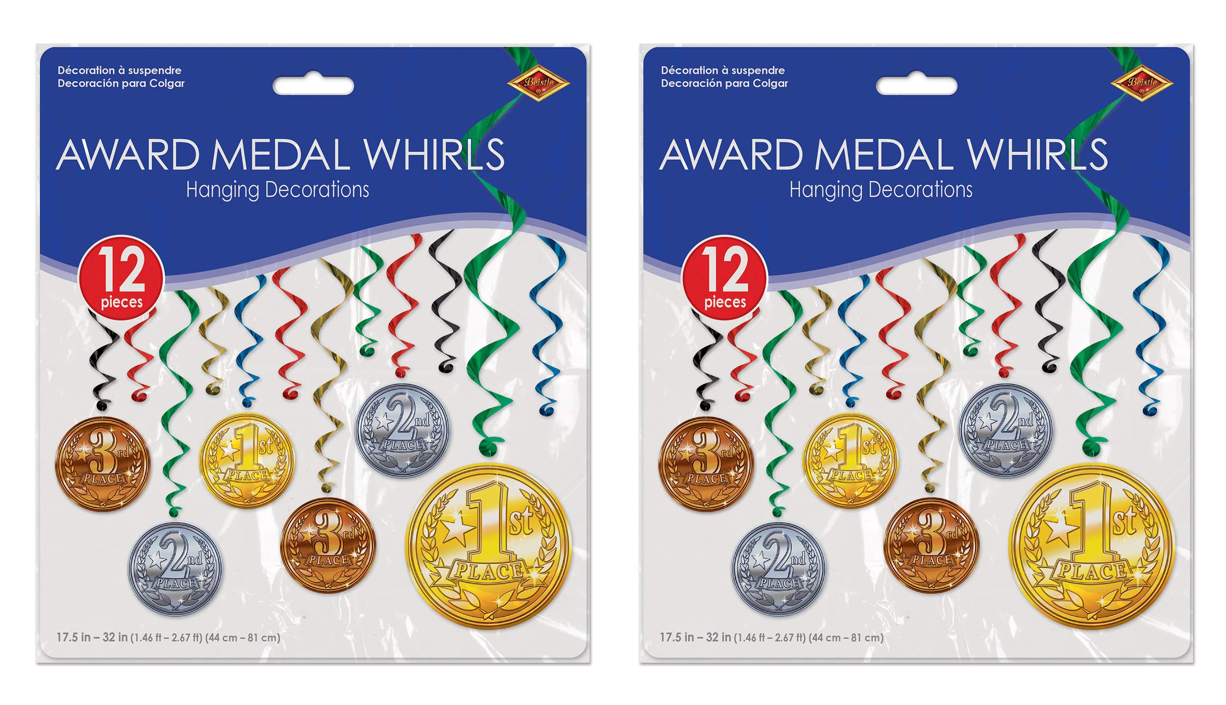 Beistle Award Medal Whirls 24 Piece Sports Party Supplies Hanging Spiral Decorations, 17.5' - 32', Multicolored