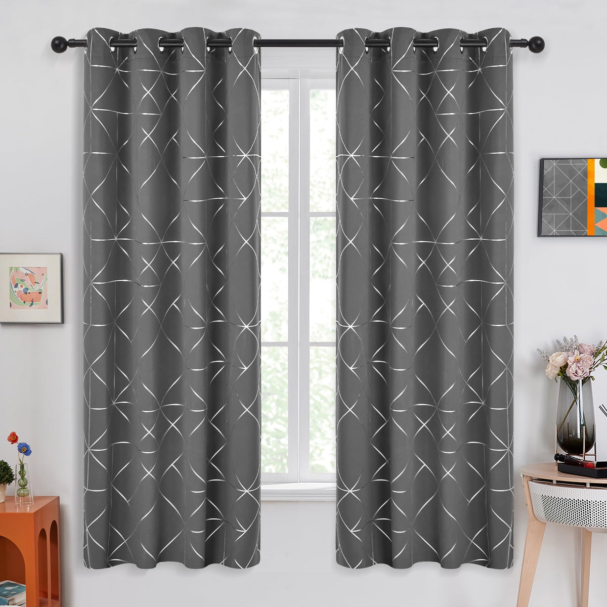 Deconovo Grey Curtains 72 Inch Length 2 Panels Set, Black Out Curtains For Bedroom Windows, Room Divider Curtains With Silver Ge