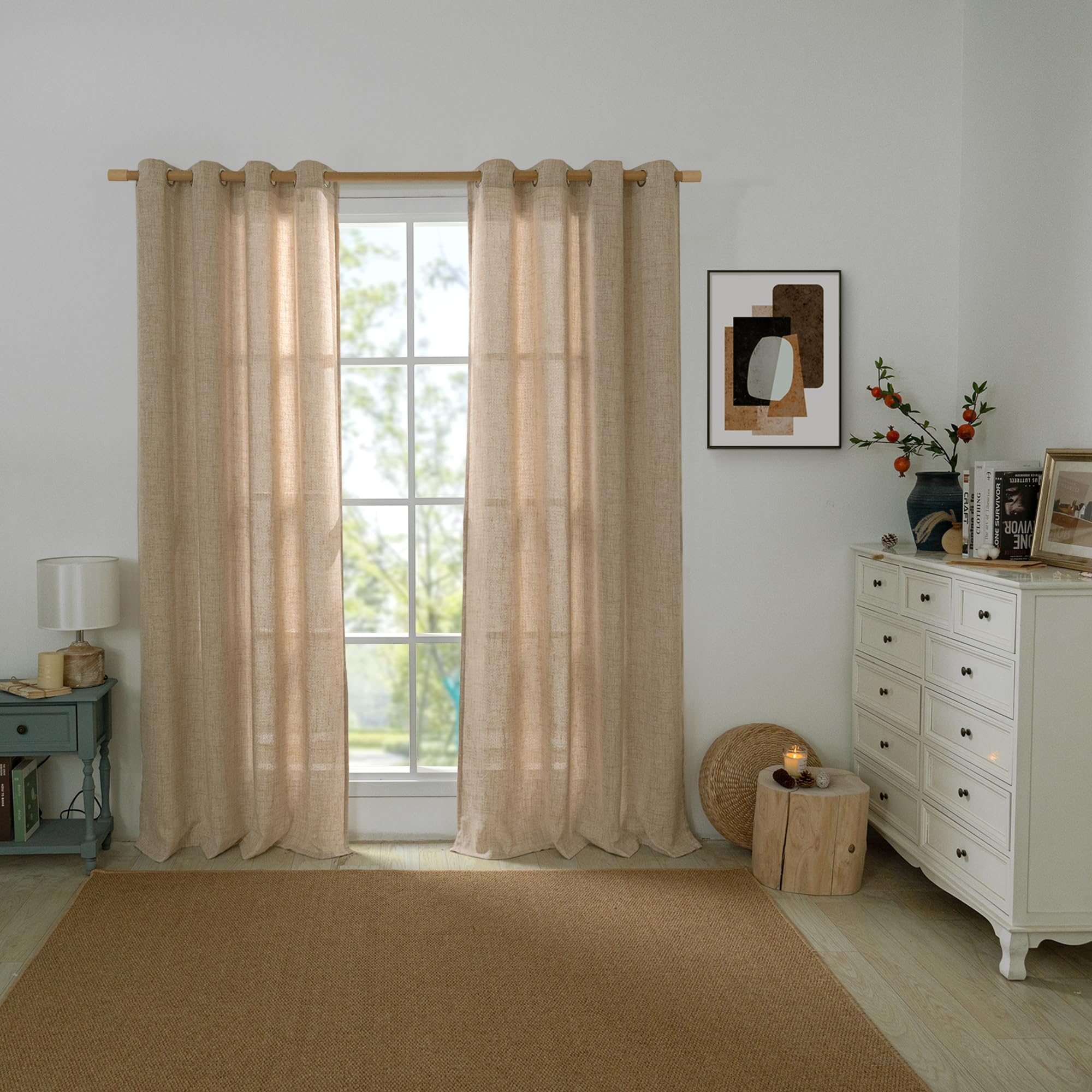 Quemas Short Linen Curtains 45 Inch Length For Bedroom Window Light Filtering, Thick Burlap Semi Sheer Non See Through Grommet L