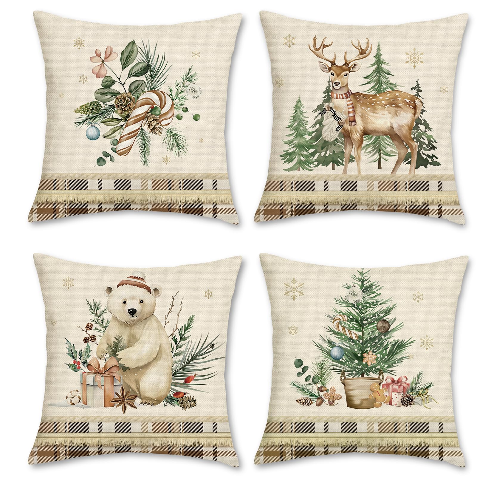 Bonhause Winter Throw Pillow Covers 18 X 18 Inch Bear Reindeer Pine Trees Leaves Plaid Decorative Pillow Cases For Couch Sofa Be