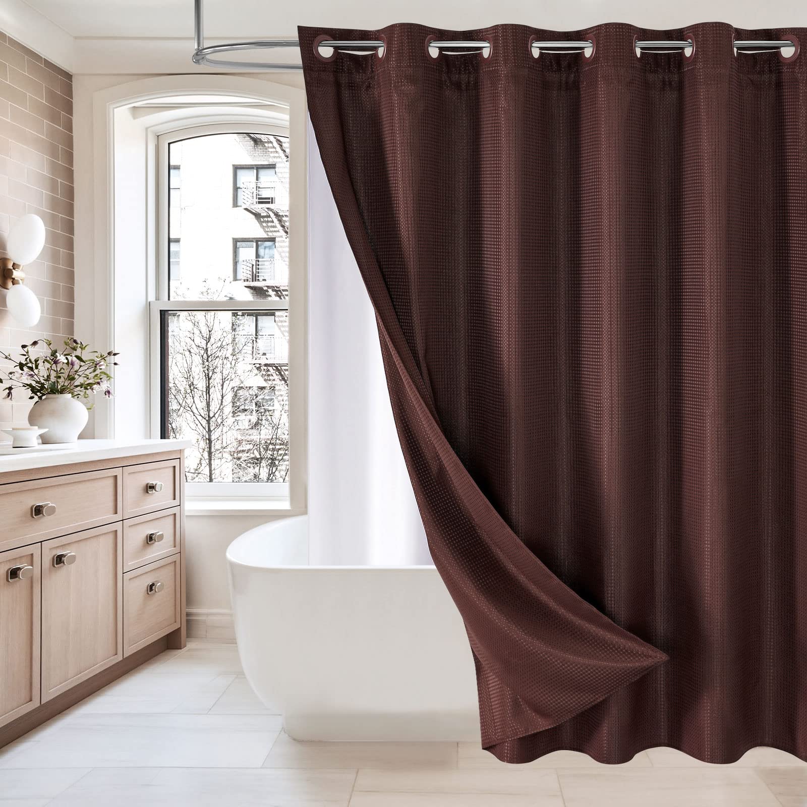 MitoVilla No Hooks Need Brown Waffle Shower Curtain with Snap-in Liner, Modern Waffle Weave Fabric Shower Curtains for Luxury Ho