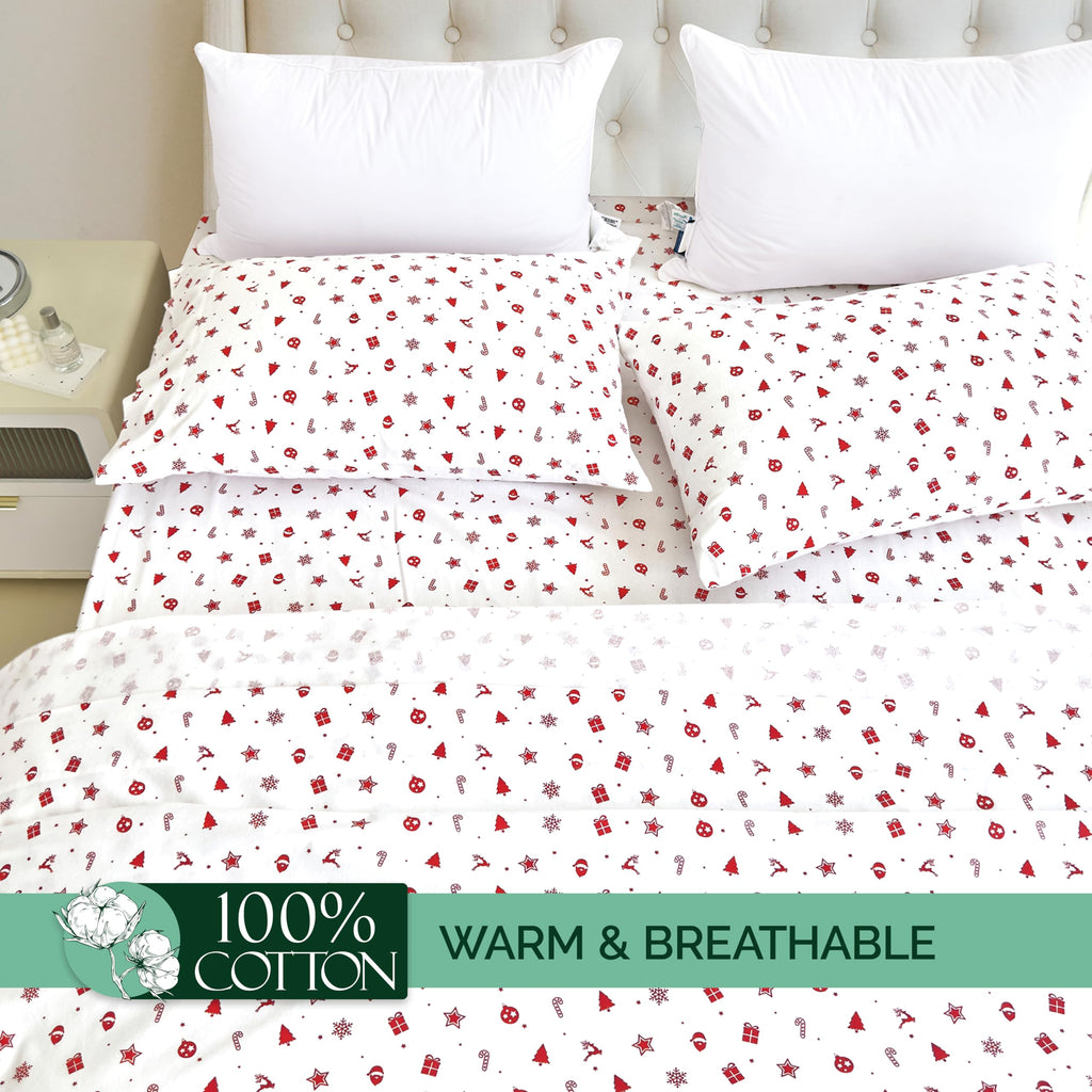 Elegant Comfort Ultra Soft 4-Piece 100% Turkish Cotton Flannel Sheet Set - Holiday Christmas Flannel Sheets, Warm And Cozy Premium Quality, Deep Pocket Fitted Sheet- Twin, Red Stars
