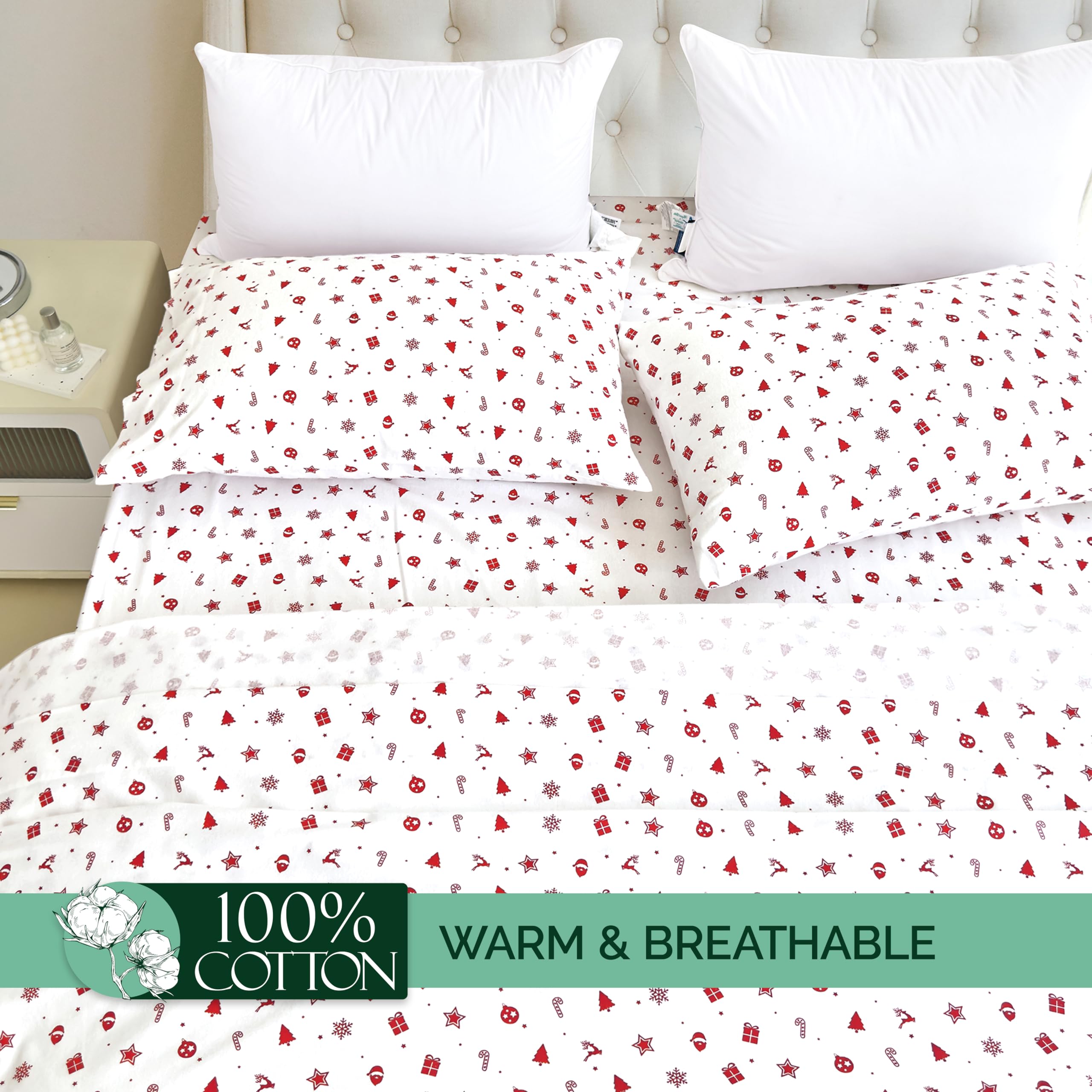 Elegant Comfort Ultra Soft 4-Piece 100% Turkish Cotton Flannel Sheet Set - Holiday Christmas Flannel Sheets, Warm And Cozy Premium Quality, Deep Pocket Fitted Sheet- Twin, Red Stars