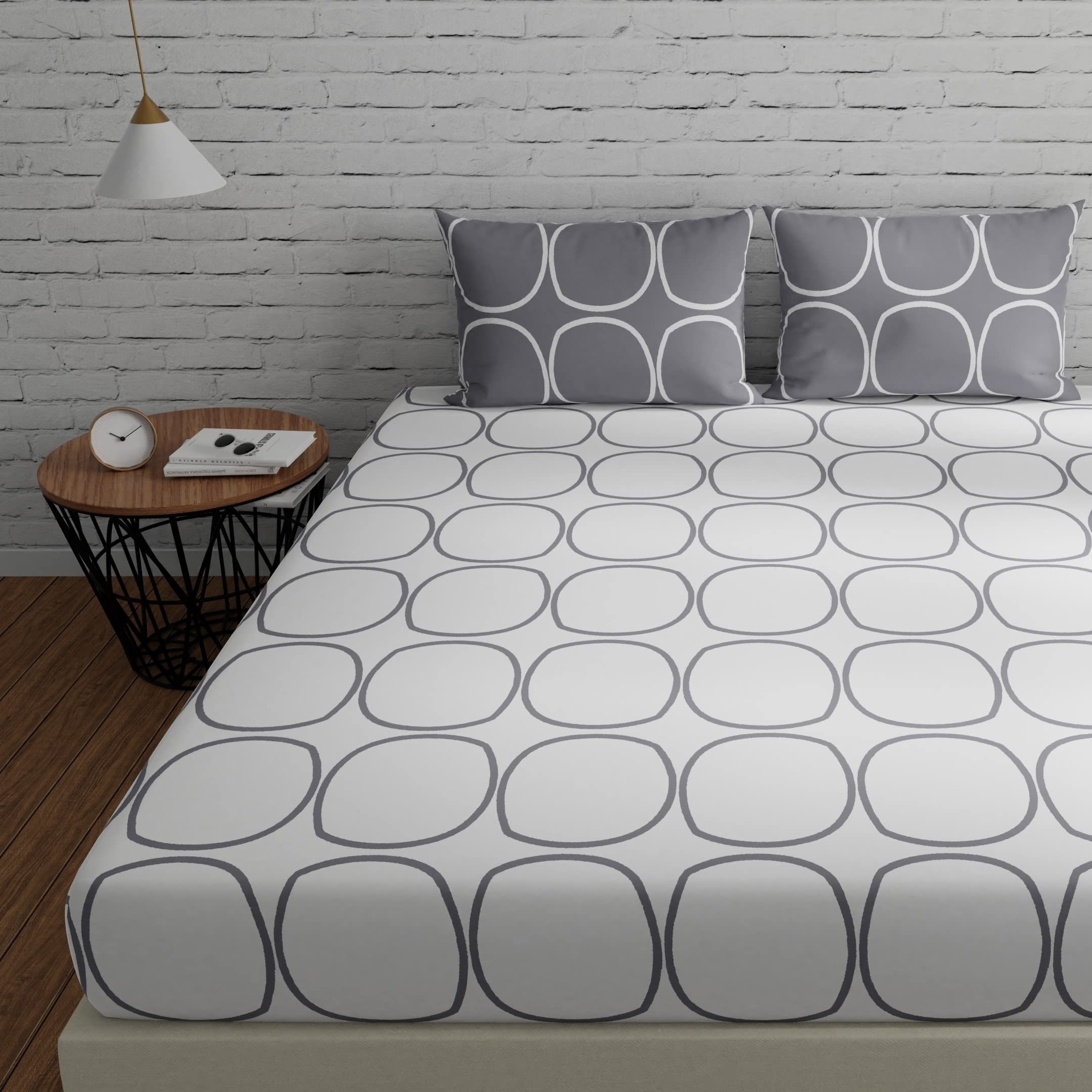 Huesland By Ahmedabad Cotton 144 Tc Cotton Bedsheet For Double Bed Cotton With 2 Pillow Covers  White & Grey