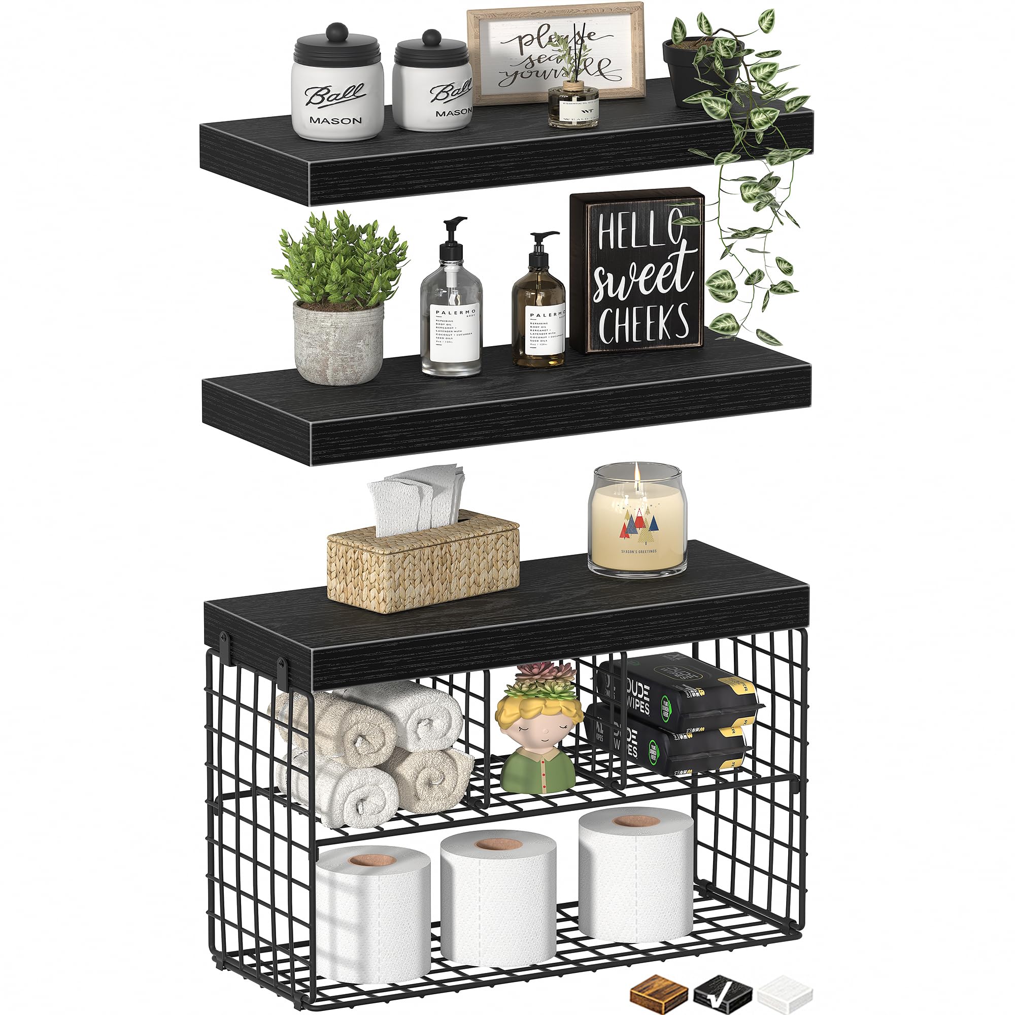 Kluvis Bathroom Floating Shelves For Wall - Shelf Over Toilet Storage Small Farmhouse Decor Shelves (15.7 Inch, Set Of 3, Black)