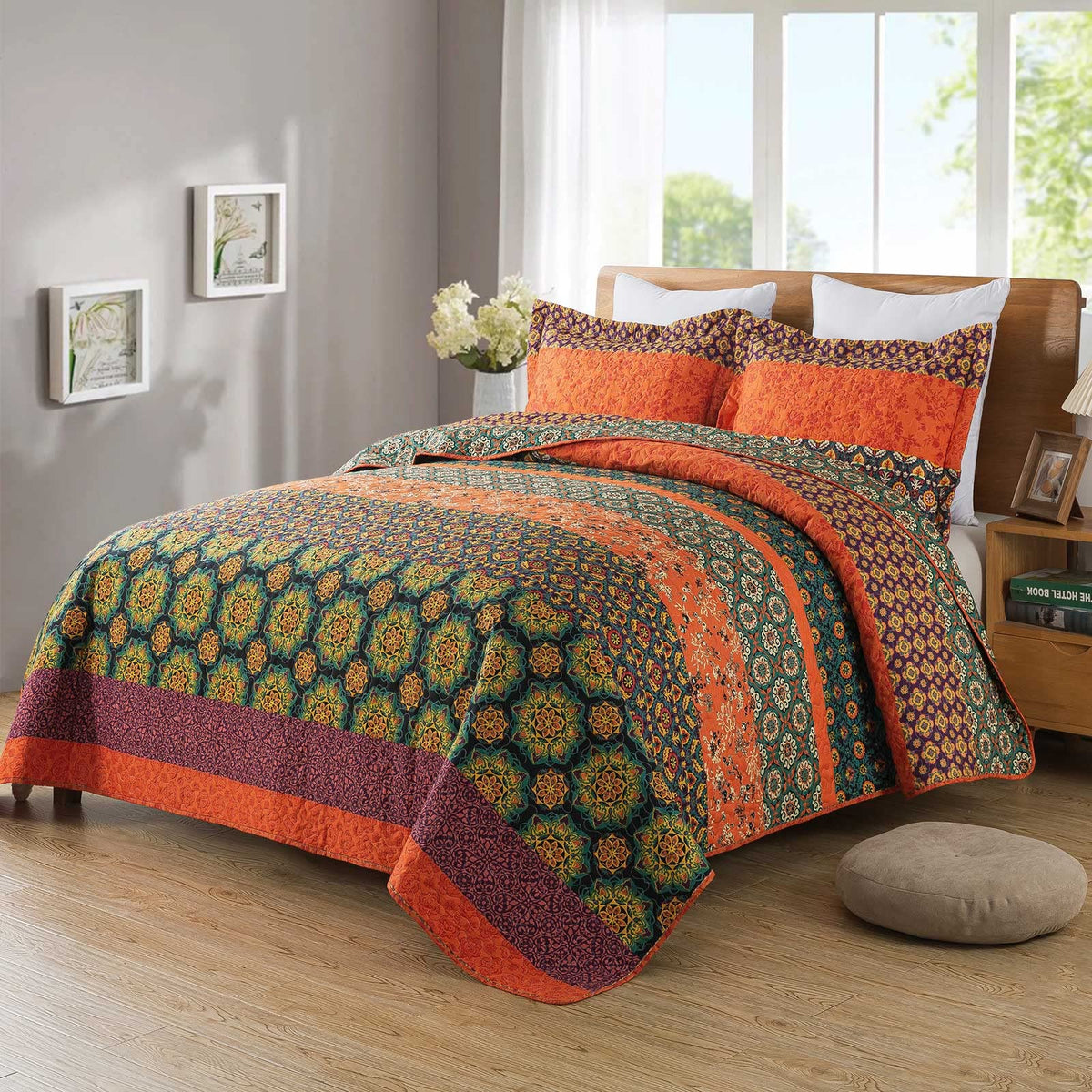 Travan Boho Stripe Quilt Sets Floral Printed Reversible Soft Bohemian Bedding Set With Shams For All Season, Orange Red Stripe,
