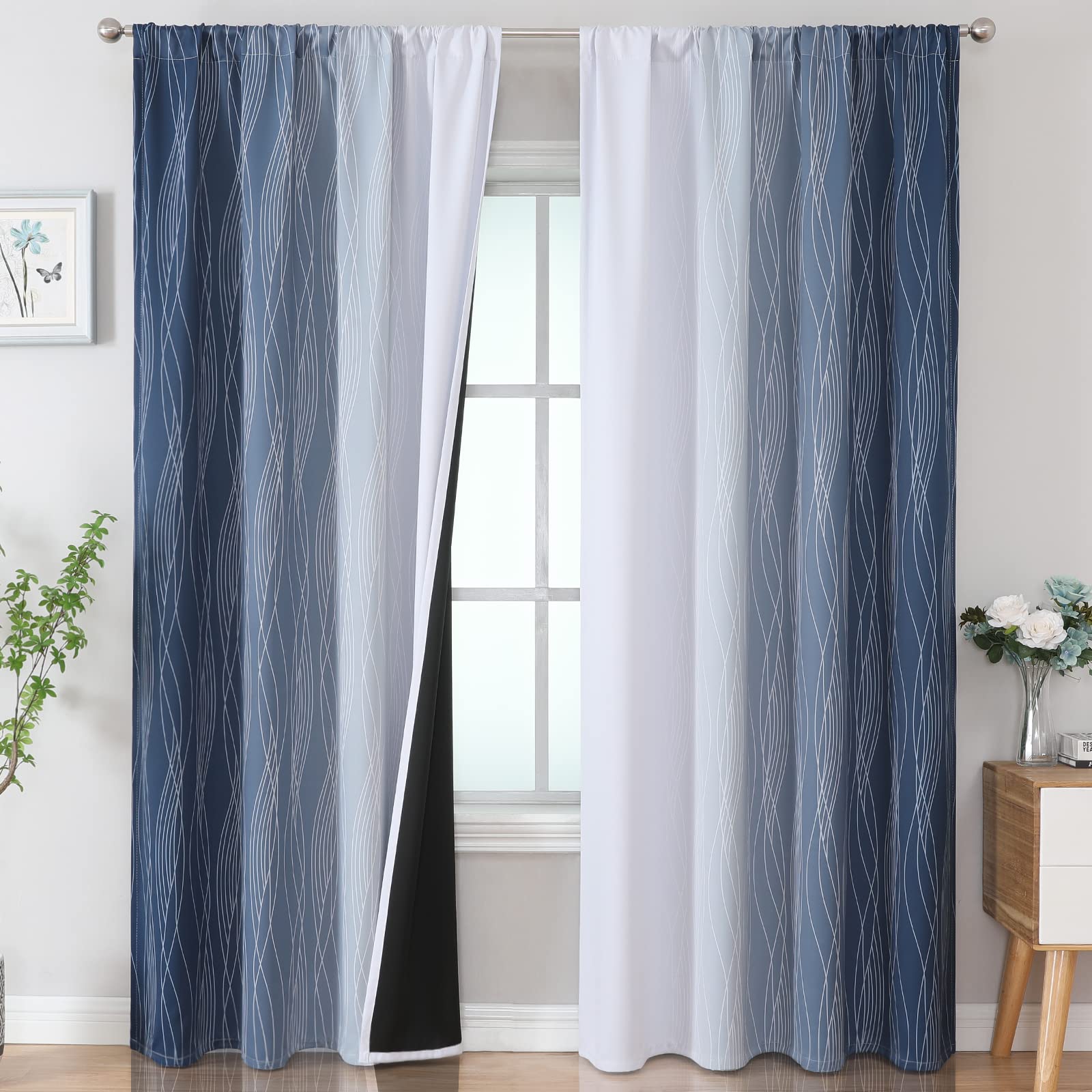 Estelar Textiler Navy Blue And White Blackout Curtains For Living Room, Light Blocking Thermal Insulated Ombre Drapes For Bedroo