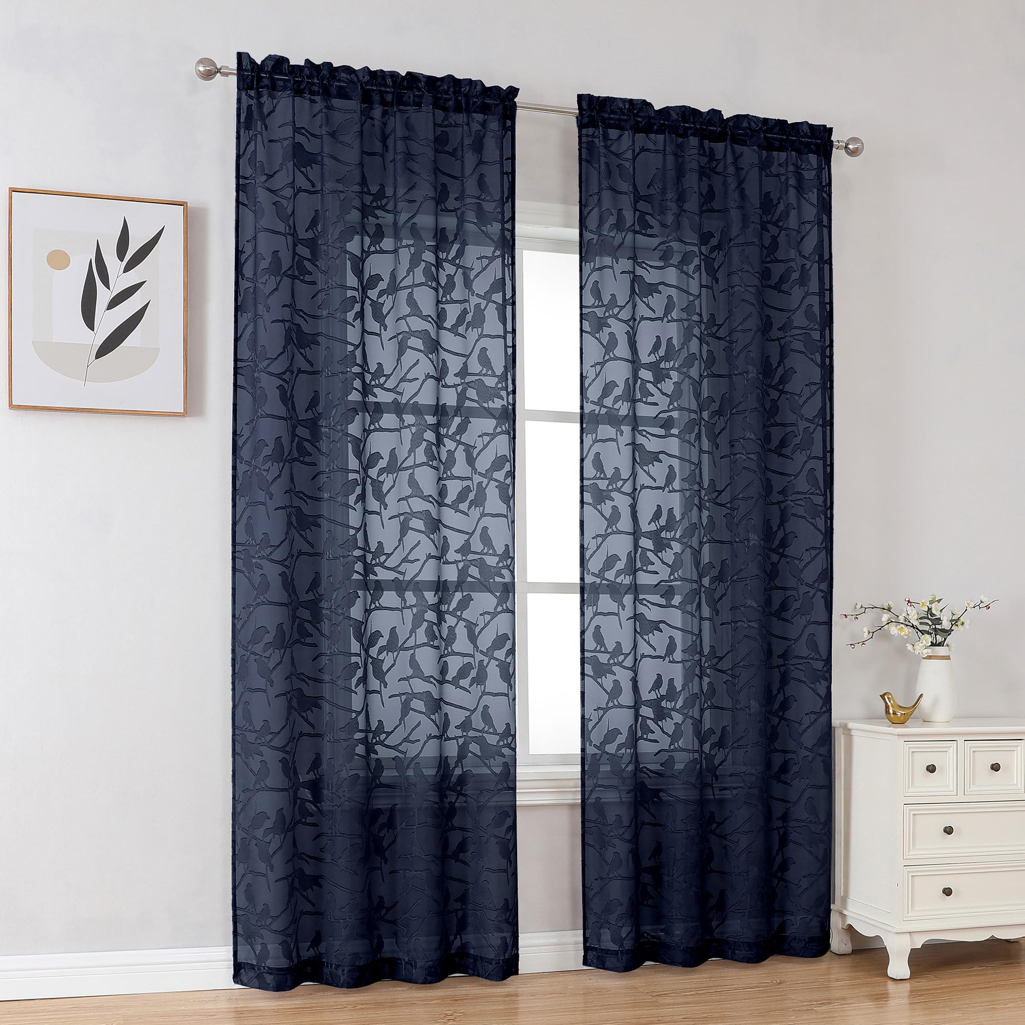 Ovzme Anji 2 Panels Navy Blue Sheer Curtains 72 Inch Length For Bedroom, Lightweight & Breathable Living Room Sheer Blue Curtain
