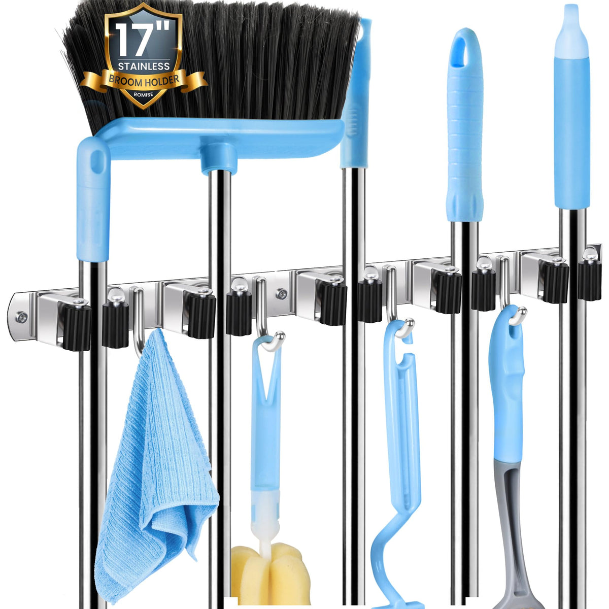 Romise Mop And Broom Holder Wall Mount, Stainless Steel Heavy Duty Broom Mop Hanger, Self Adhesive Wall Mounted Tool Storager Or