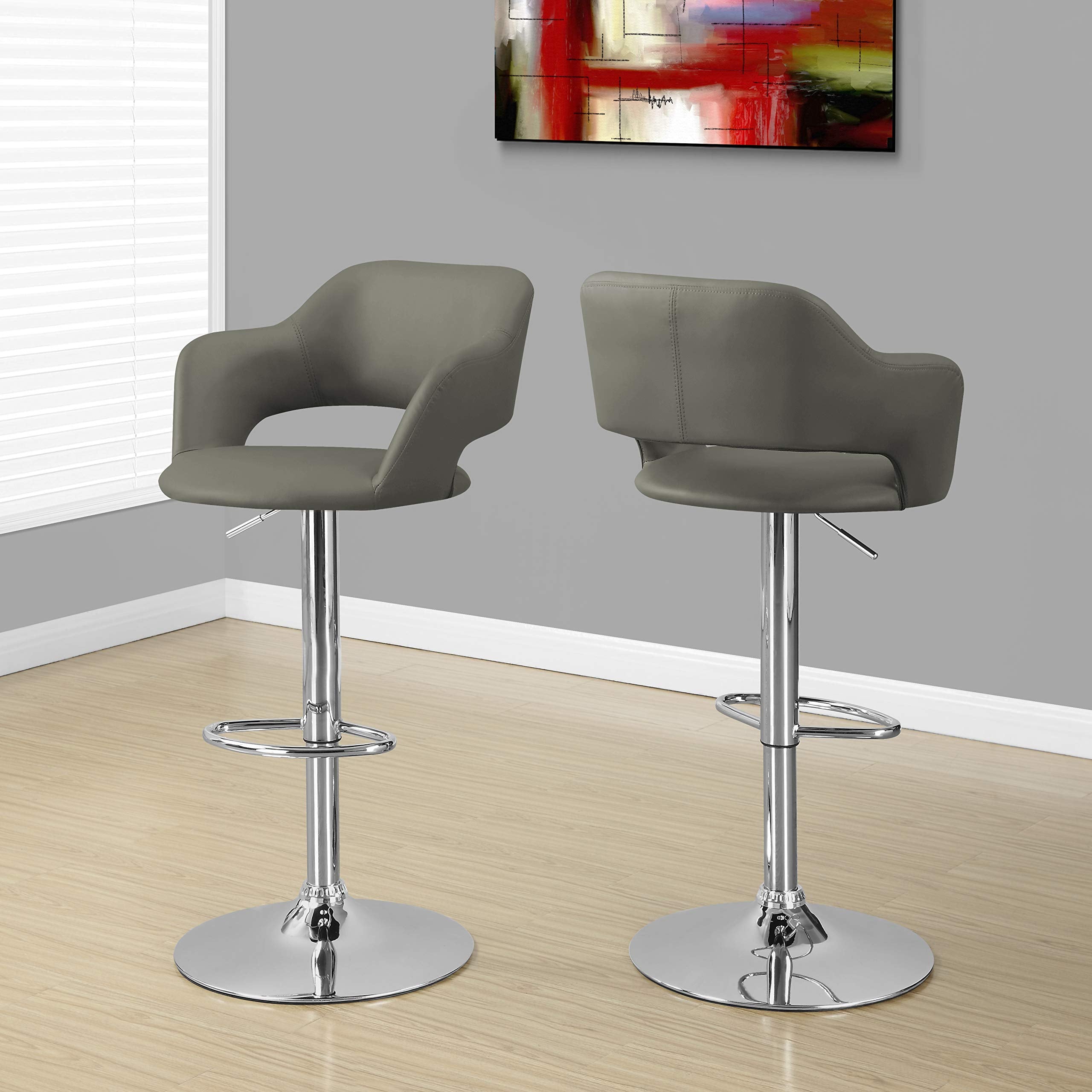 Monarch Specialties 2364 Stool, Swivel, Bar Height, Adjustable, Metal, Pu Leather Look, Chrome, Contemporary, Modern Barstool, 22.5&quot; L X 21&quot; W X 36&quot; H, Light Grey