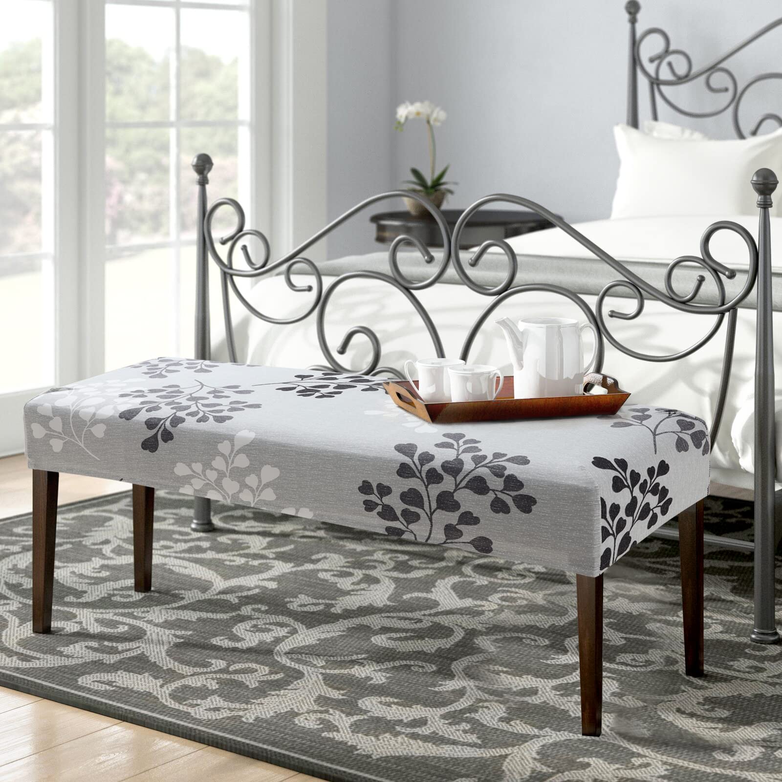 Fuloon Stretch Dining Bench Cover, Anti-Dust Removable Bench Slipcover Washable Print Bench Seat Protector Cover For Living Room, Bedroom, Kitchen (Gray-Black)