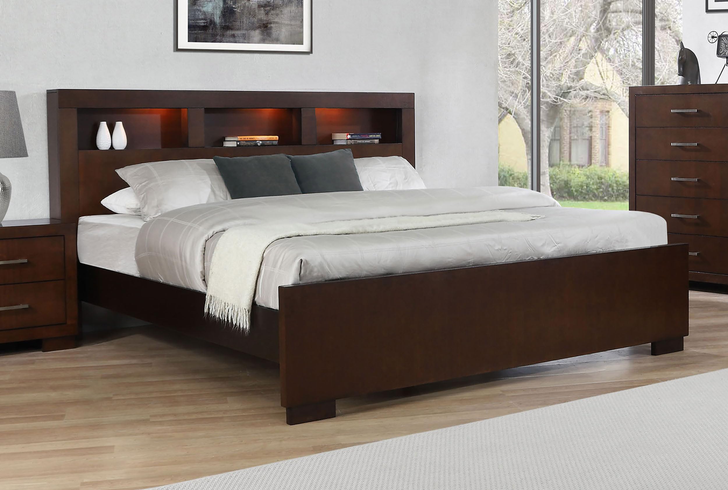 Coaster Home Furnishings Jessica Contemporary Wood Eastern King Size LED Storage Bookcase Bed Frame Platform Bed 47-inch Headboard Cappuccino 200719KE