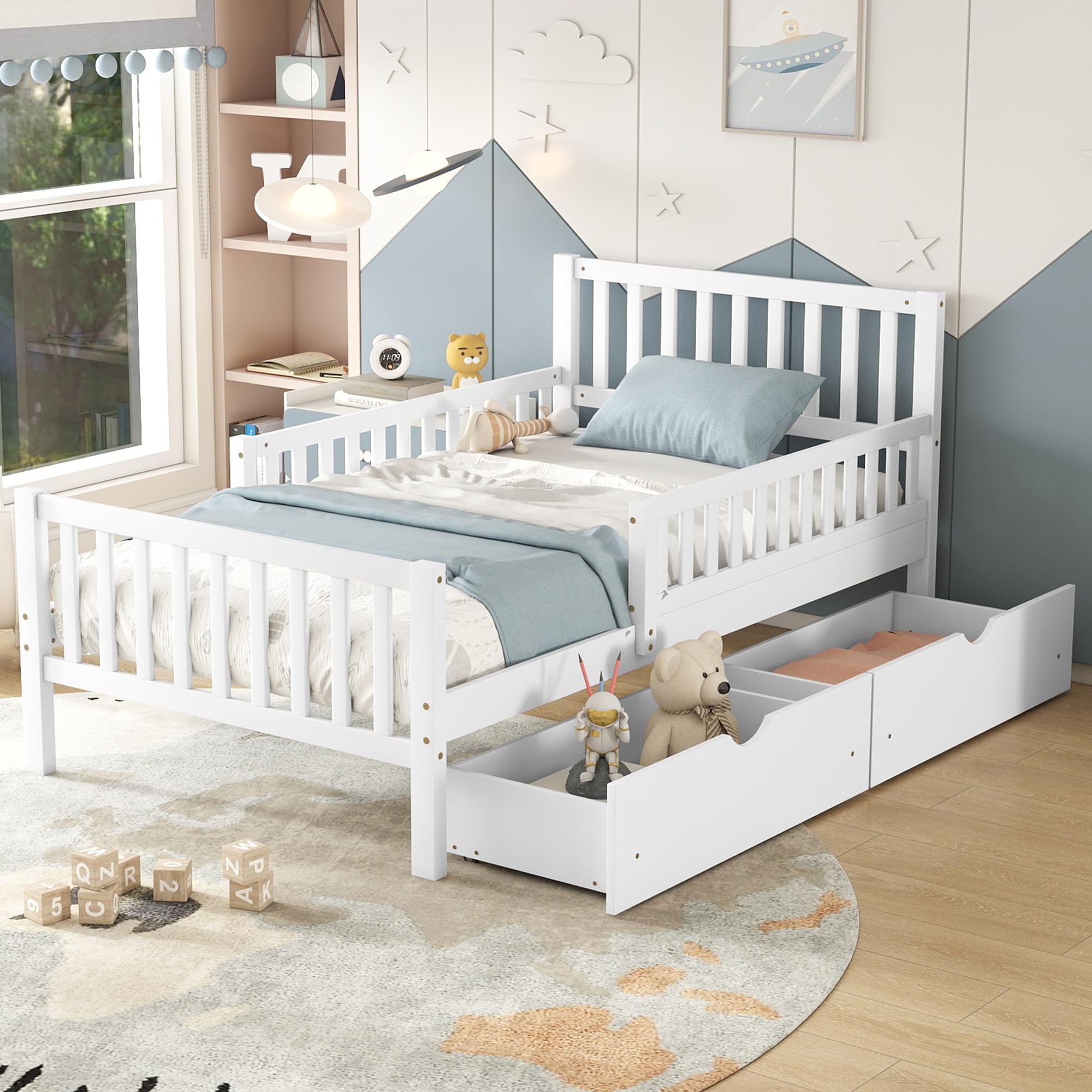 Kids Twin Size Bed Frame with Storage Drawers, Wood Twin Bed Frames for Kids, Twin Bed Frame with Headboard and Footboard for Bo