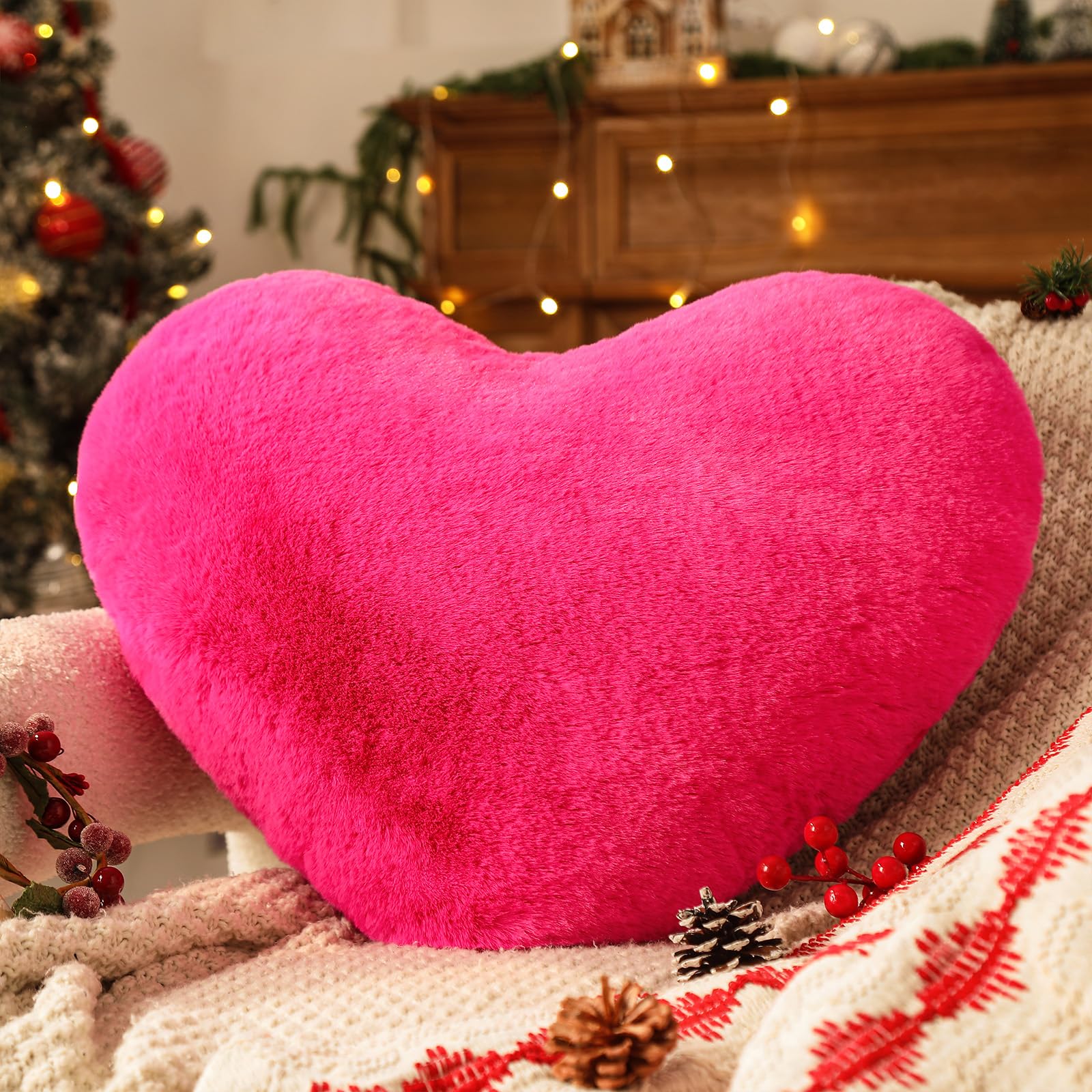 YRXRUS Heart Pillow, Rose Pink Heart Pillows, Love Pillow Gifts, 14X17 Inch Large Heart Shaped Pillows, Faux Rabbit Fur Coquette
