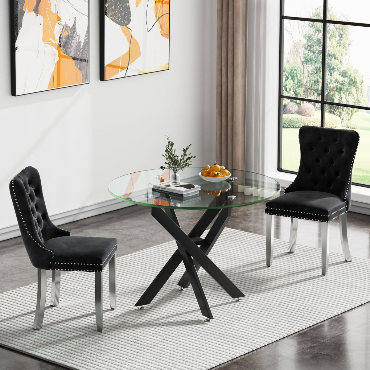 Kuvadaz 36' Modern Black Glass Dining Room Table Set For 2, 3-Piece Round Kitchen Dining Table Set With Cross Metal Legs And 2
