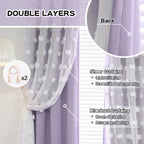 Mysky Home Girls Curtains For Bedroom Lilac Curtains 90 Inches Long Nursery Curtains White Pom Pom Sheer Curtains For Dining Room Grommet Double Layer Toddler Room Darkening Window Panels W52 X L90