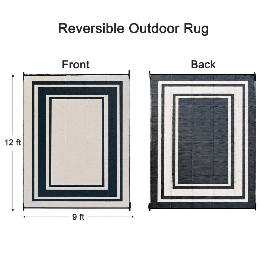 Rurality Outdoor Rug 9X12 Waterproof For Patio Clearance,Large Plastic Straw Mat For Camping,Porch,Rv,Reversible,Black And Beige