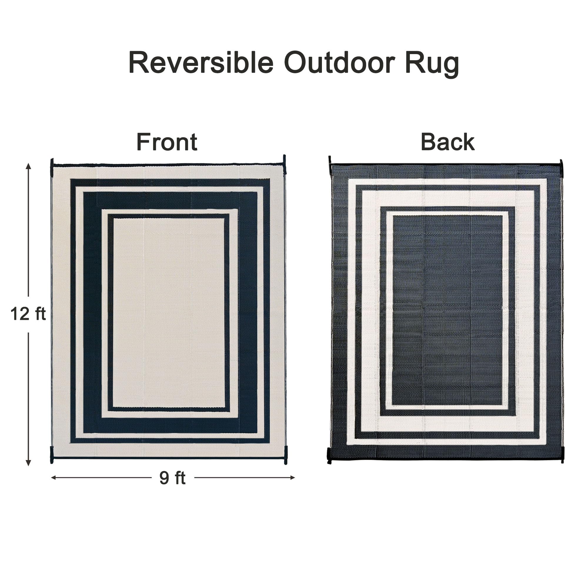 Rurality Outdoor Rug 9X12 Waterproof For Patio Clearance,Large Plastic Straw Mat For Camping,Porch,Rv,Reversible,Black And Beige