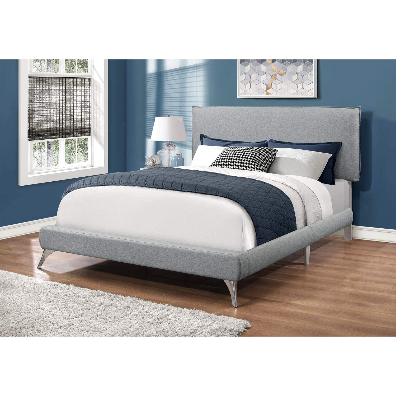 Monarch Specialties Queen Size Grey Linen Bed - Thumbnail 2