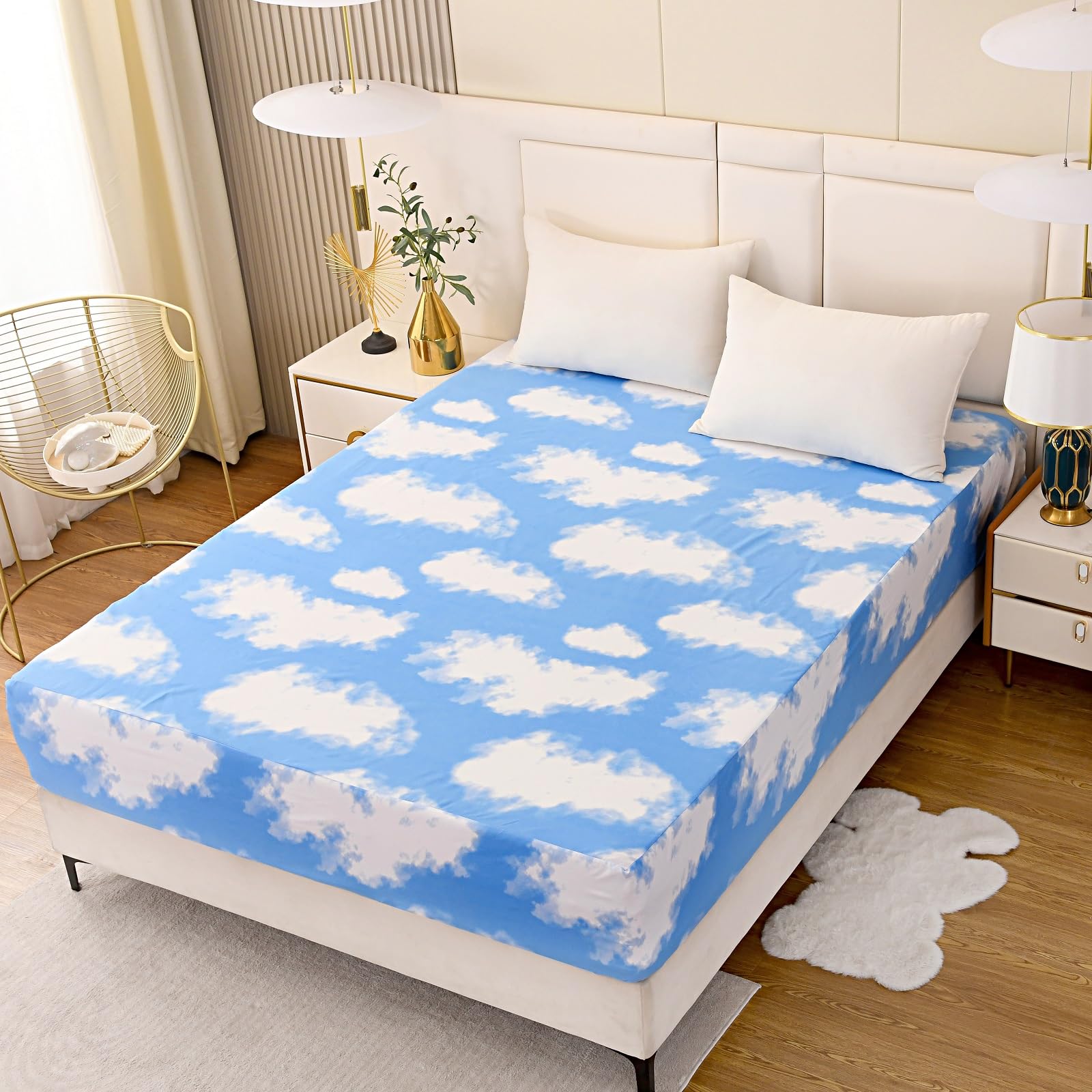 Naturety Bedding Fitted Sheet With Deep Pocket For Single Bed Mattress Cover Sheets,White Cloud Printed Fabric Bed Sheets (Blue Sky, Twin)