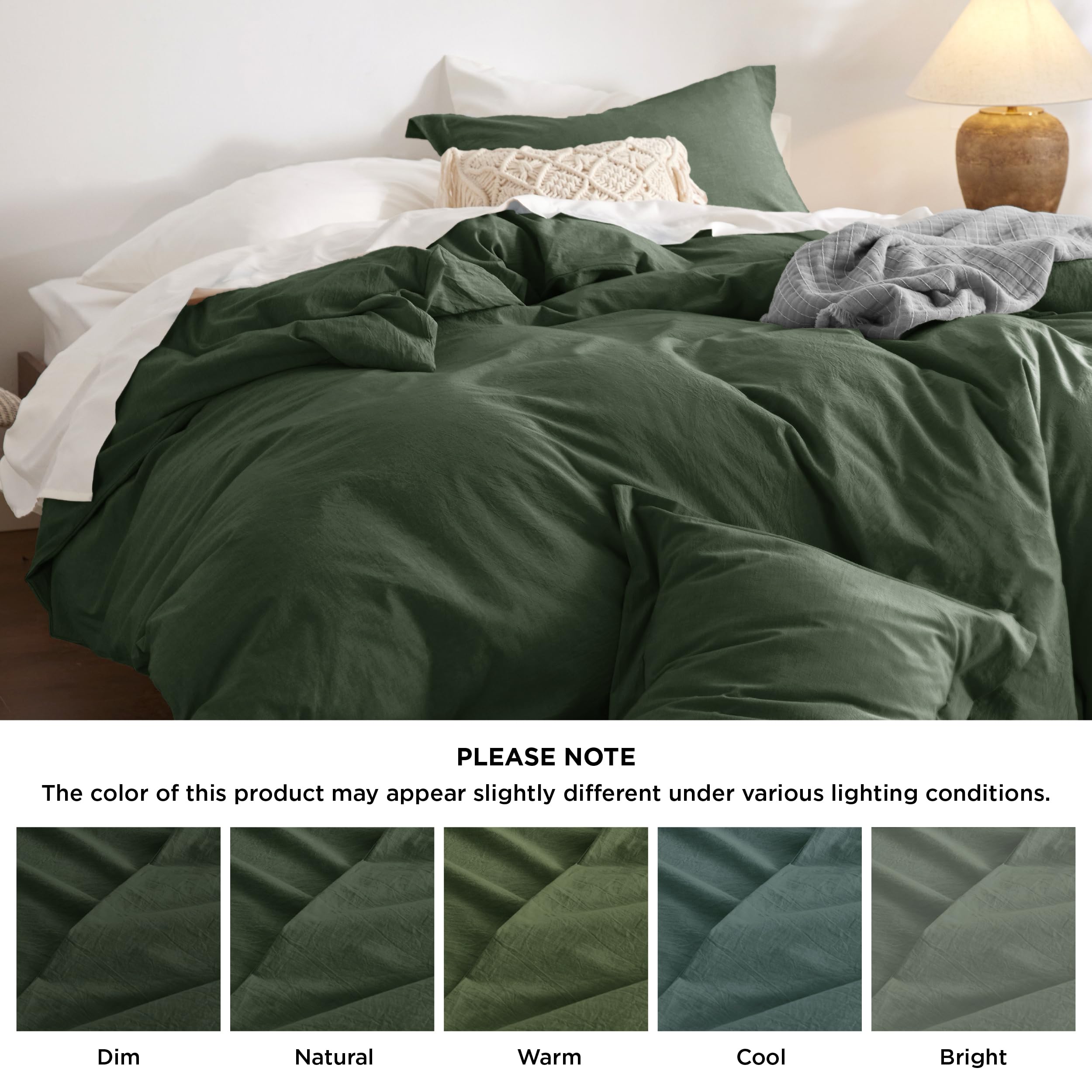 Bedsure Washed Cotton Duvet Cover Set - Olive Green, Queen (90"x90"), 3 Pieces with 2 Pillow Shams, GentleSoft™ Minimalist Bedding