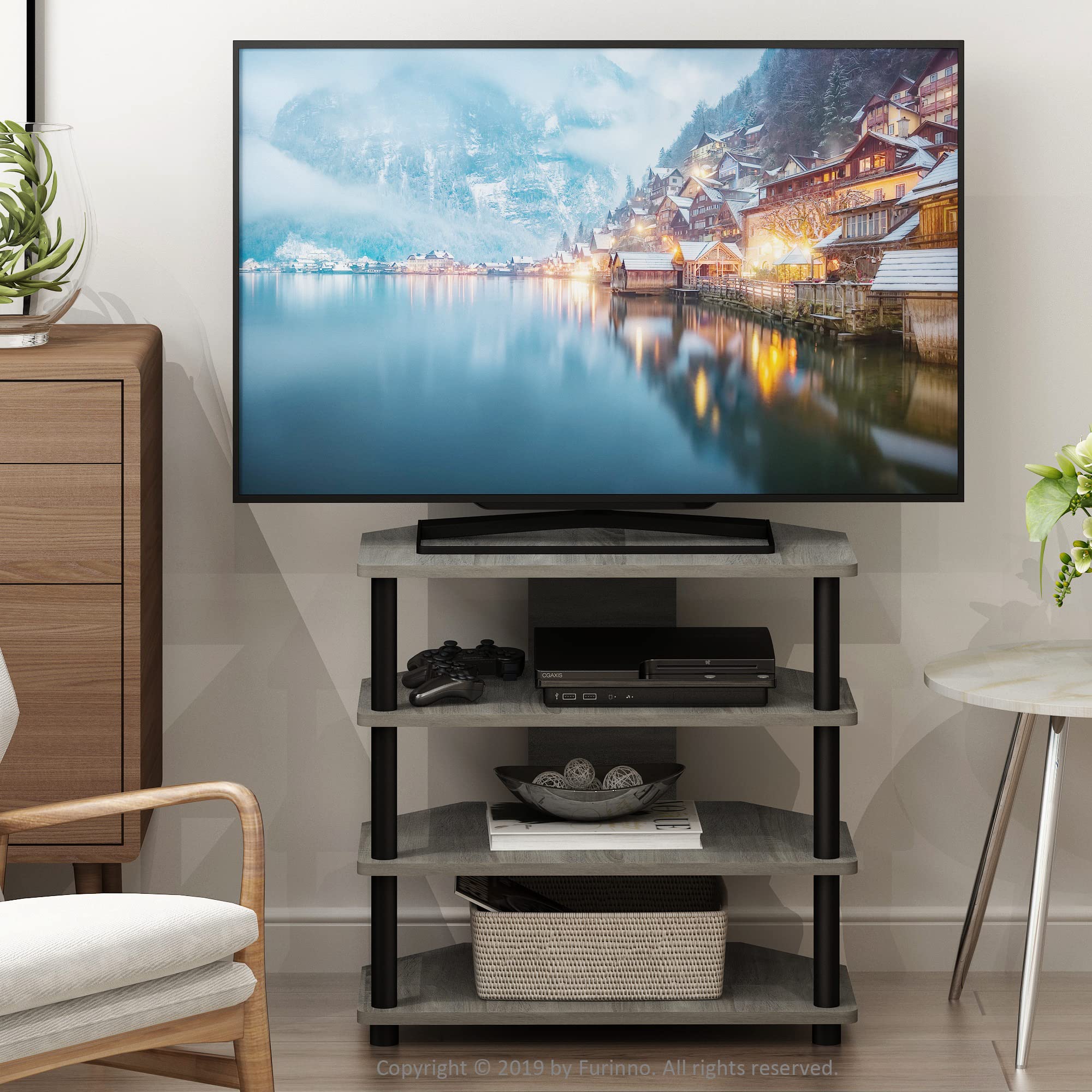 Furinno Turn-N-Tube Easy Assembly 4-Tier Petite Entertainment Center / TV Stand / TV Unit / TV Desk, French Oak Grey/Black