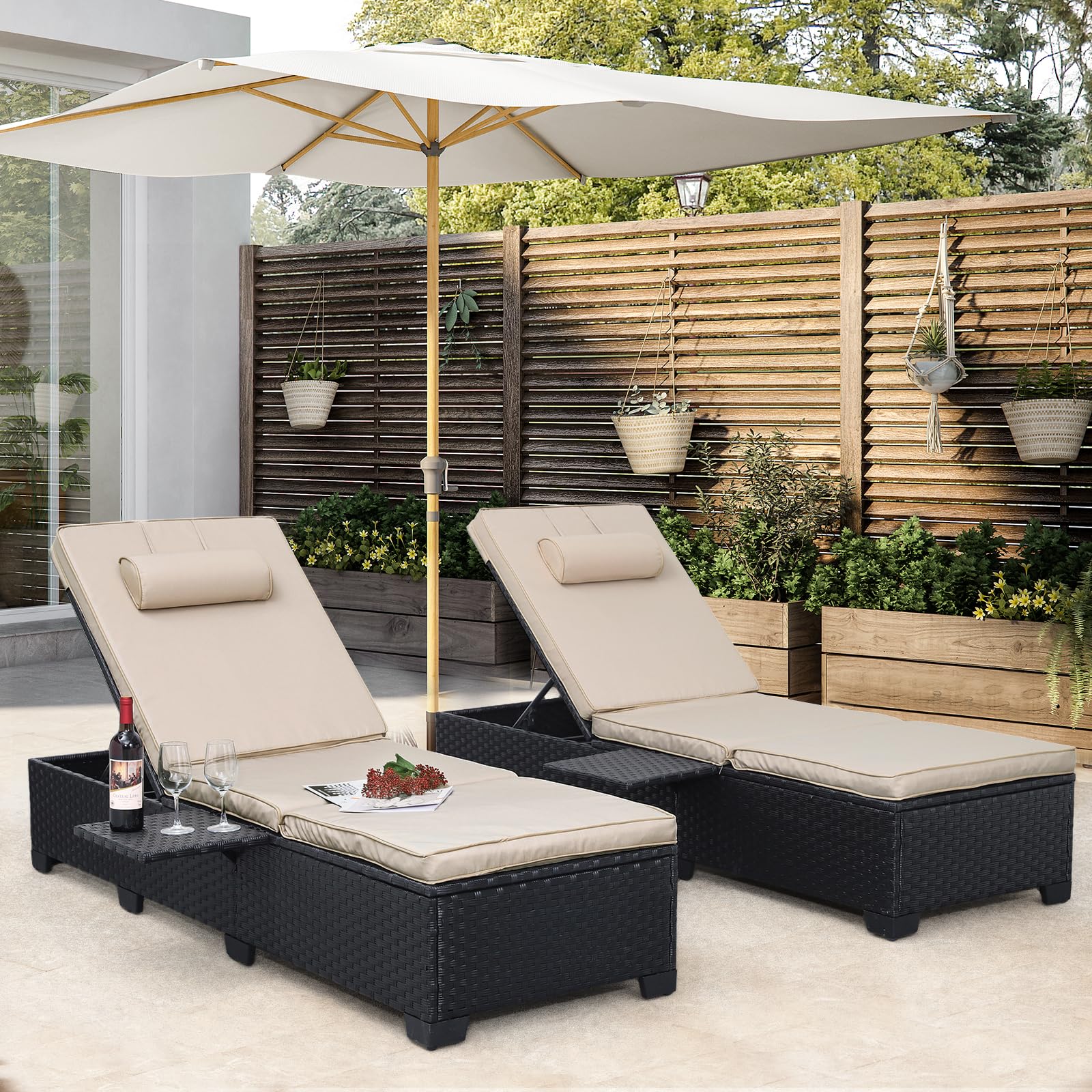 WAROOM Outdoor PE Wicker Chaise Lounge Chairs Set of 2 Patio Black Rattan Reclining Chair Adjustable Backrest Pool Sunbathing Re